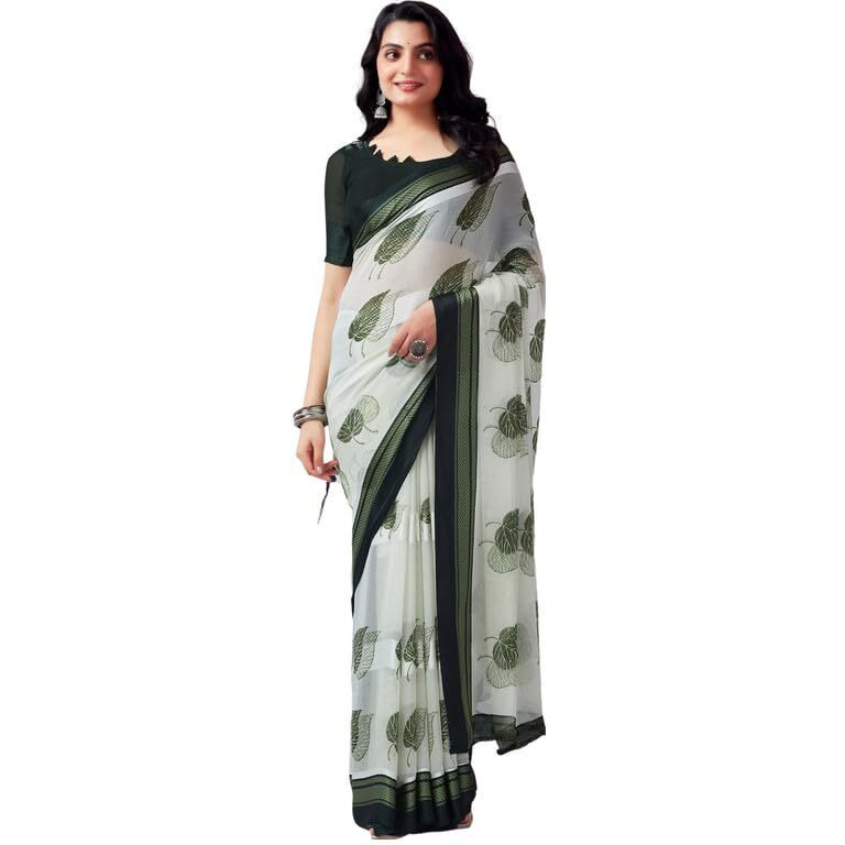 SIRIL Womens Georgette Floral Printed Satin Patta Saree With Unstitched Blouse Piece (3634S119_Dark Green)