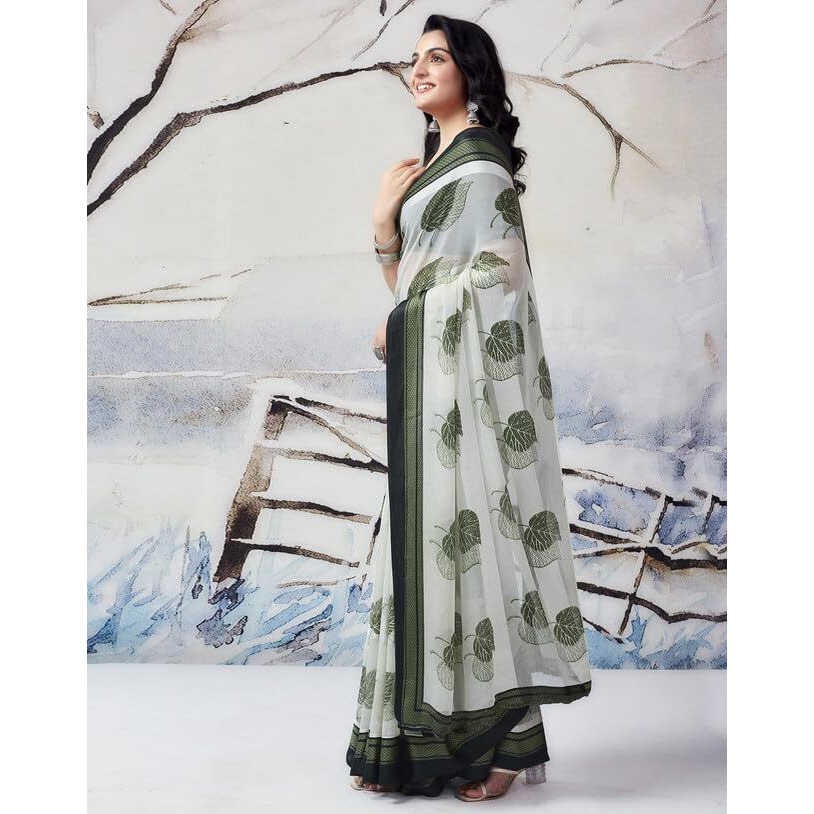 SIRIL Womens Georgette Floral Printed Satin Patta Saree With Unstitched Blouse Piece (3634S119_Dark Green)