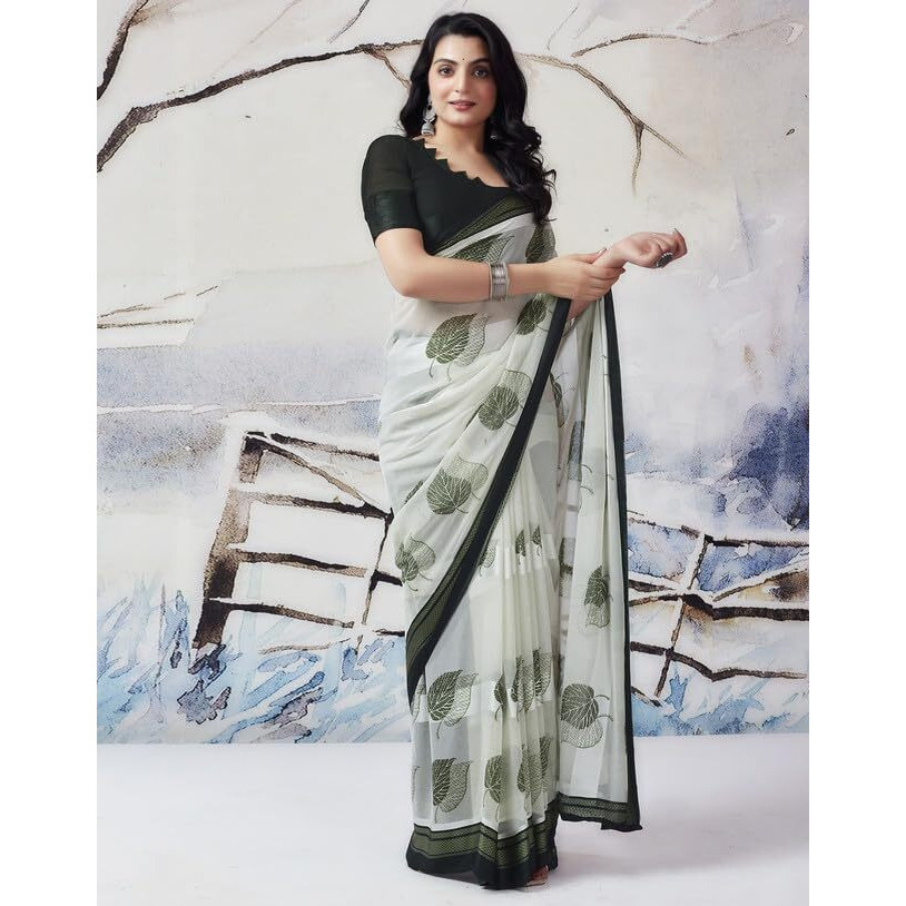 SIRIL Womens Georgette Floral Printed Satin Patta Saree With Unstitched Blouse Piece (3634S119_Dark Green)