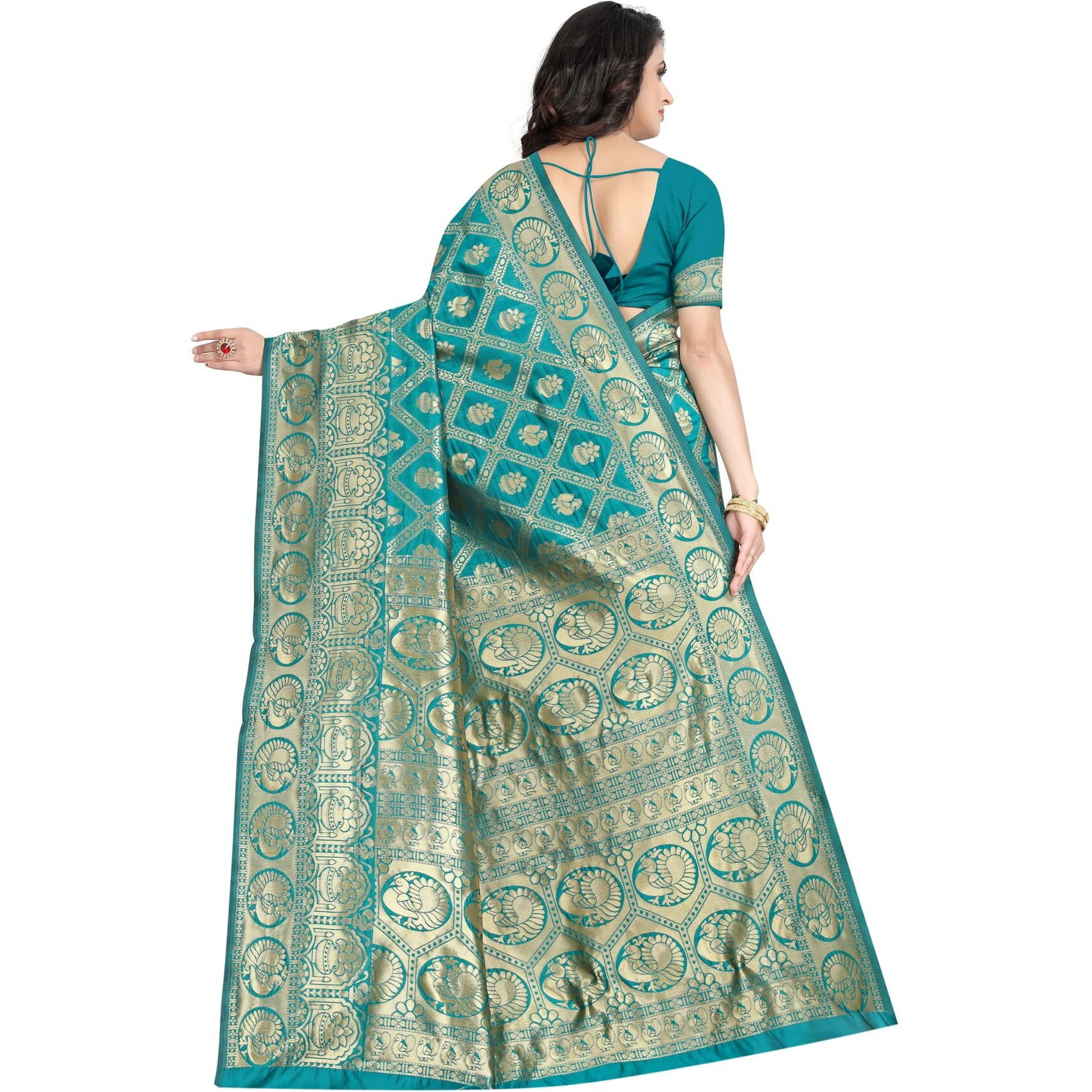 Sugathari Womens Banarasi Saree Pure Kanjivaram Silk Saree Soft new ladies 2023 Design Wear Pattu Sarees Latest Cotton Party Sari collections With Blouse Piece for Wedding sadi (SAM SAN 9017-FIROZI)