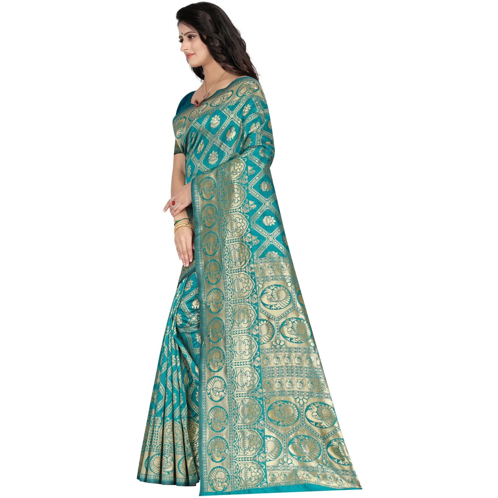Sugathari Womens Banarasi Saree Pure Kanjivaram Silk Saree Soft new ladies 2023 Design Wear Pattu Sarees Latest Cotton Party Sari collections With Blouse Piece for Wedding sadi (SAM SAN 9017-FIROZI)