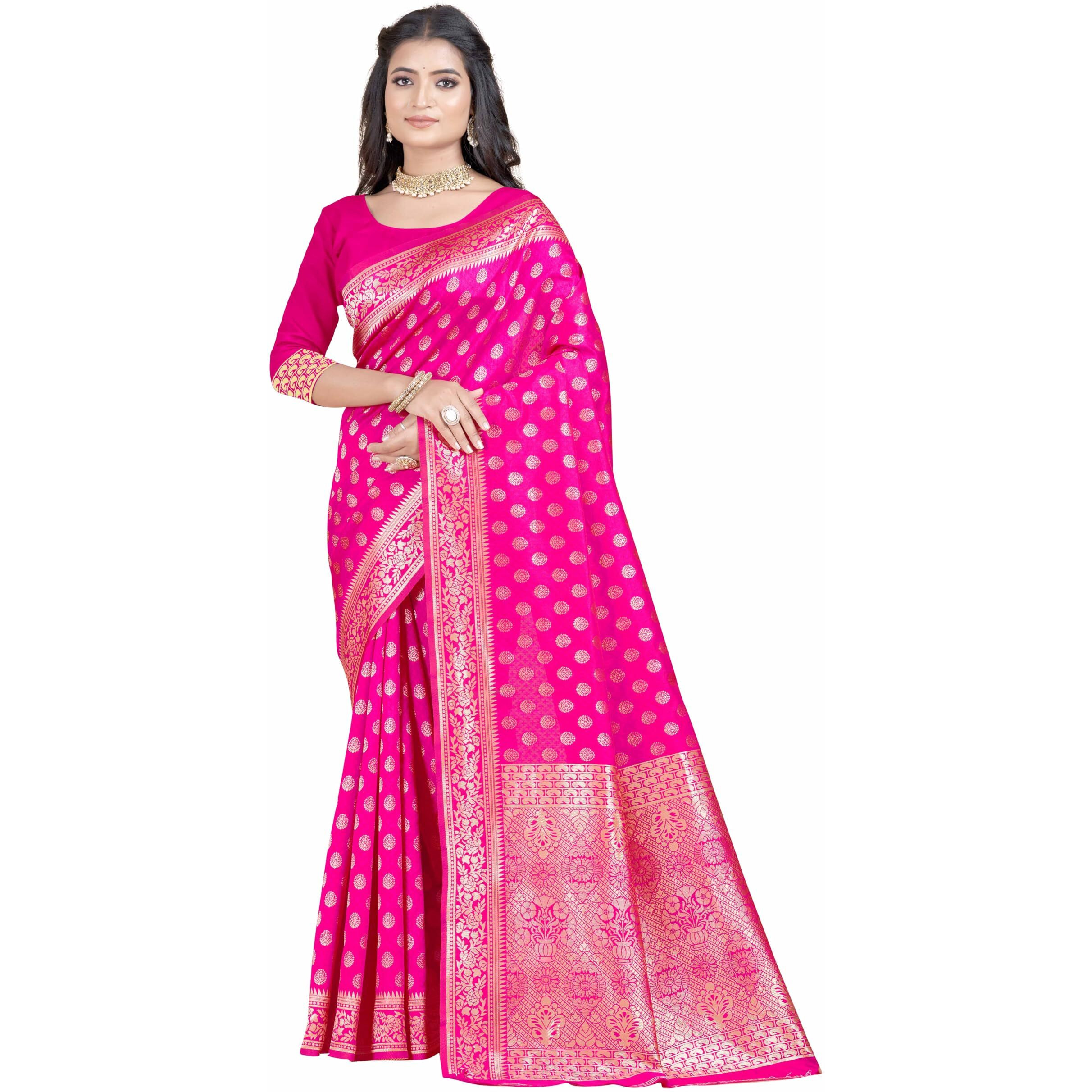Sugathari Womens Banarasi Saree Pure Kanjivaram Silk Saree Soft new ladies 2023 Design Wear Pattu Sarees Latest Party Sari collections With Blouse Piece for Wedding sadi (SAN PARI-192 RANI)