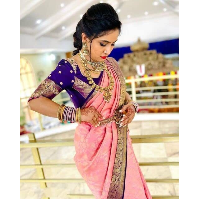 Yashika Womens Fancy Banarasi Kanjivaram Art Silk Saree with Blouse Pieces||Light Pink Coloured Kanjivaram Saree|| AZ-YS-OG-YODDHA PINK