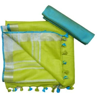 Silk Zone Womens Bhagalpuri Linen Saree With Blouse Piece (CS 28_Sky Blue Parrot, Green)