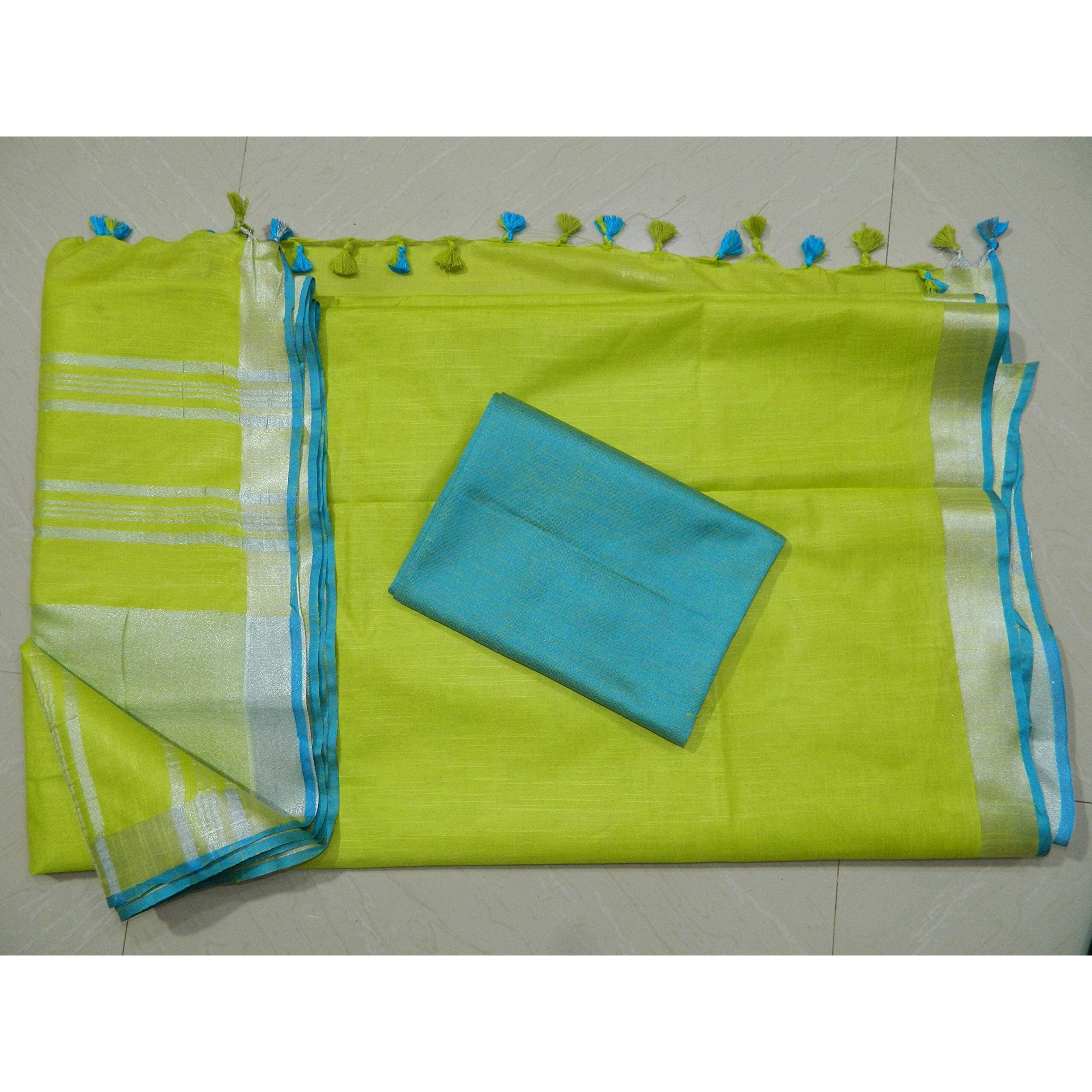 Silk Zone Womens Bhagalpuri Linen Saree With Blouse Piece (CS 28_Sky Blue Parrot, Green)