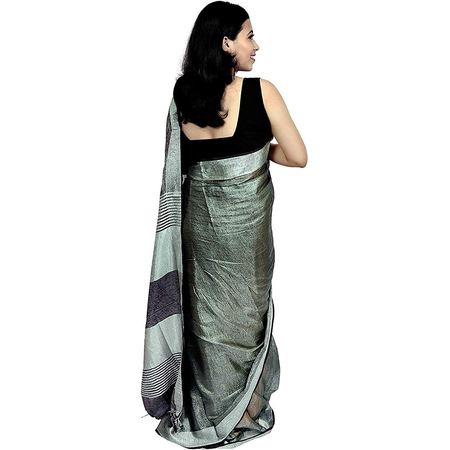HAIDER ALI AND SONS Pure Tissue Linen Ethnic Wear Saree For Womens (With Blouse_01) (BLACK)