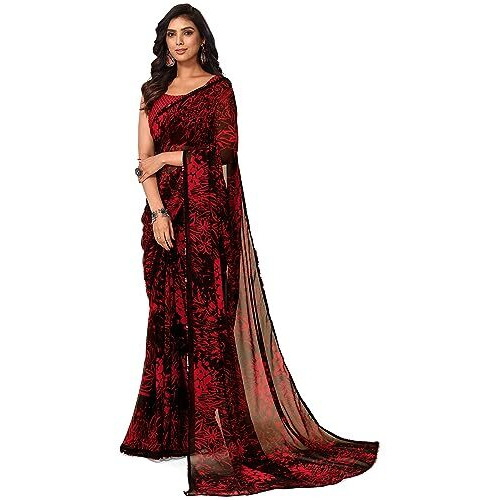 MIRCHI FASHION Womens Georgette Floral Printed Saree with Blouse Piece (39283-Black, Red3)