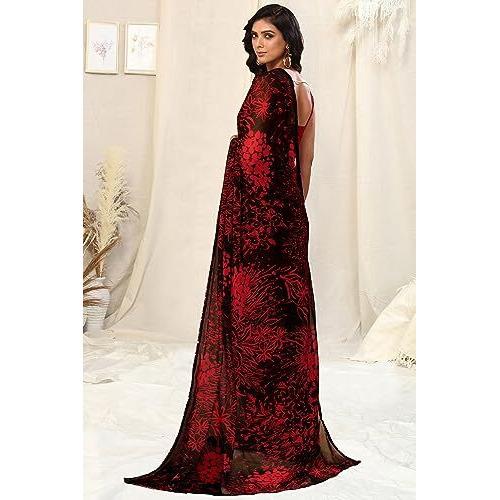 MIRCHI FASHION Womens Georgette Floral Printed Saree with Blouse Piece (39283-Black, Red3)