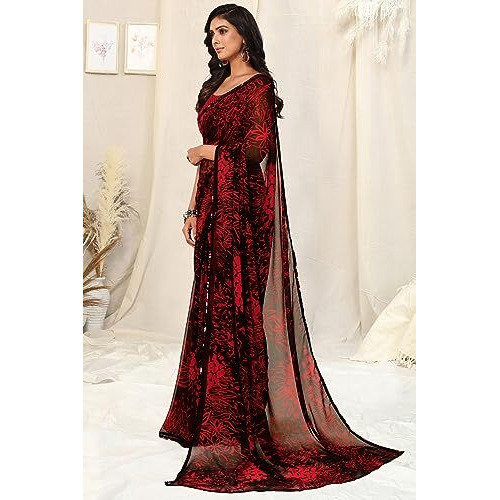 MIRCHI FASHION Womens Georgette Floral Printed Saree with Blouse Piece (39283-Black, Red3)