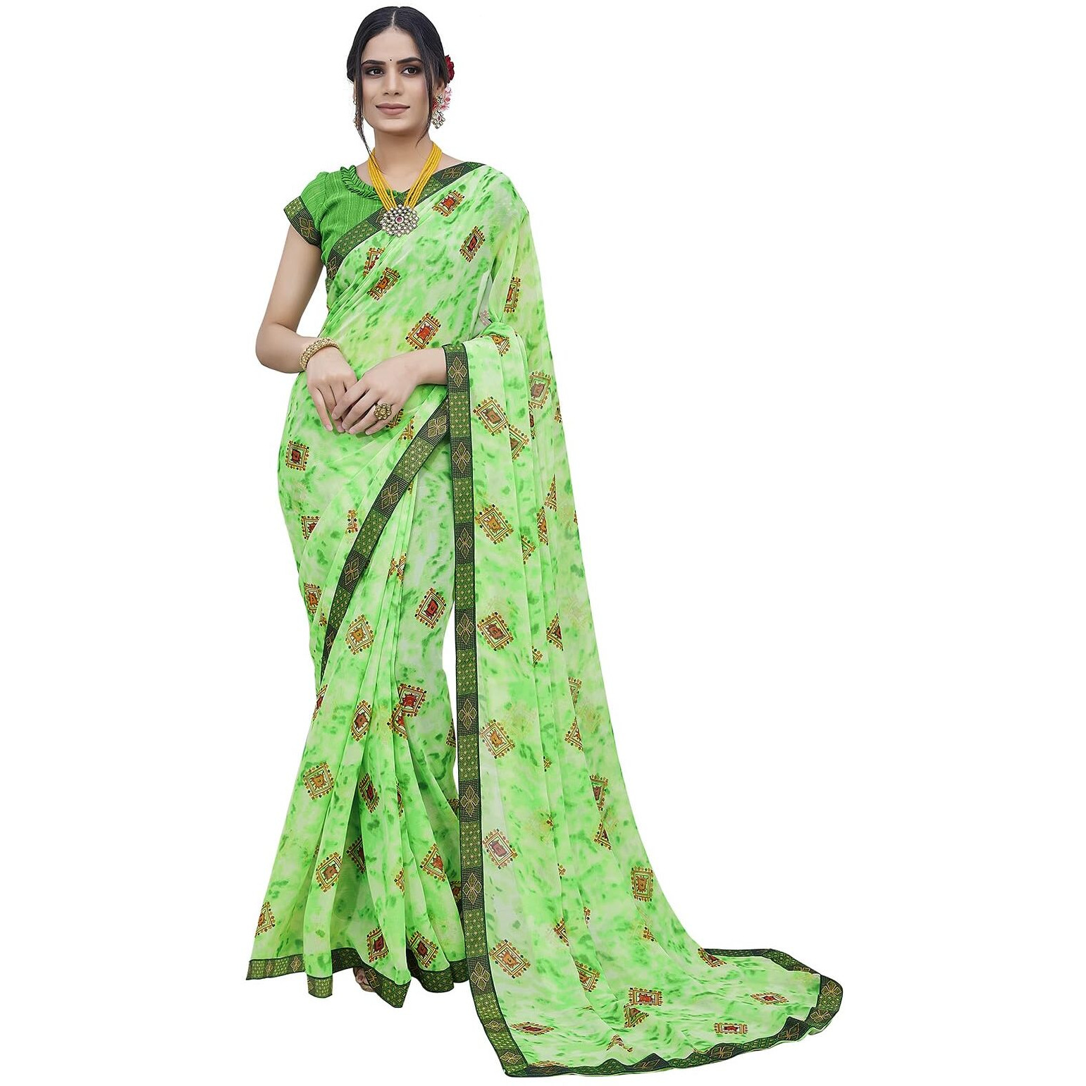 Yashika Womens Georgette Saree Printed Saree With Unstitched Blouse Material - Suitable For All Indian Occasions and Festivals (AZ-YS-OG-KAJUKATRI PARROT GREEN)