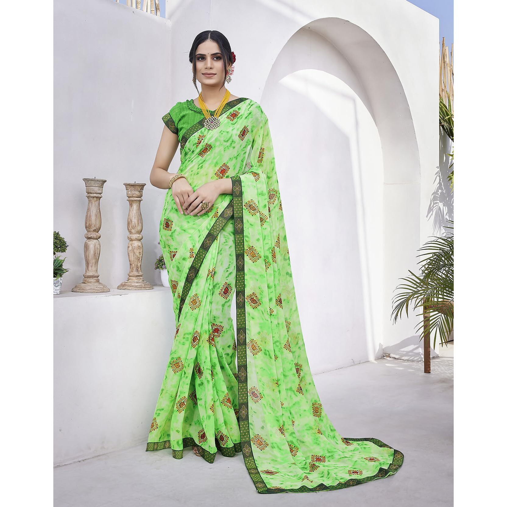 Yashika Womens Georgette Saree Printed Saree With Unstitched Blouse Material - Suitable For All Indian Occasions and Festivals (AZ-YS-OG-KAJUKATRI PARROT GREEN)