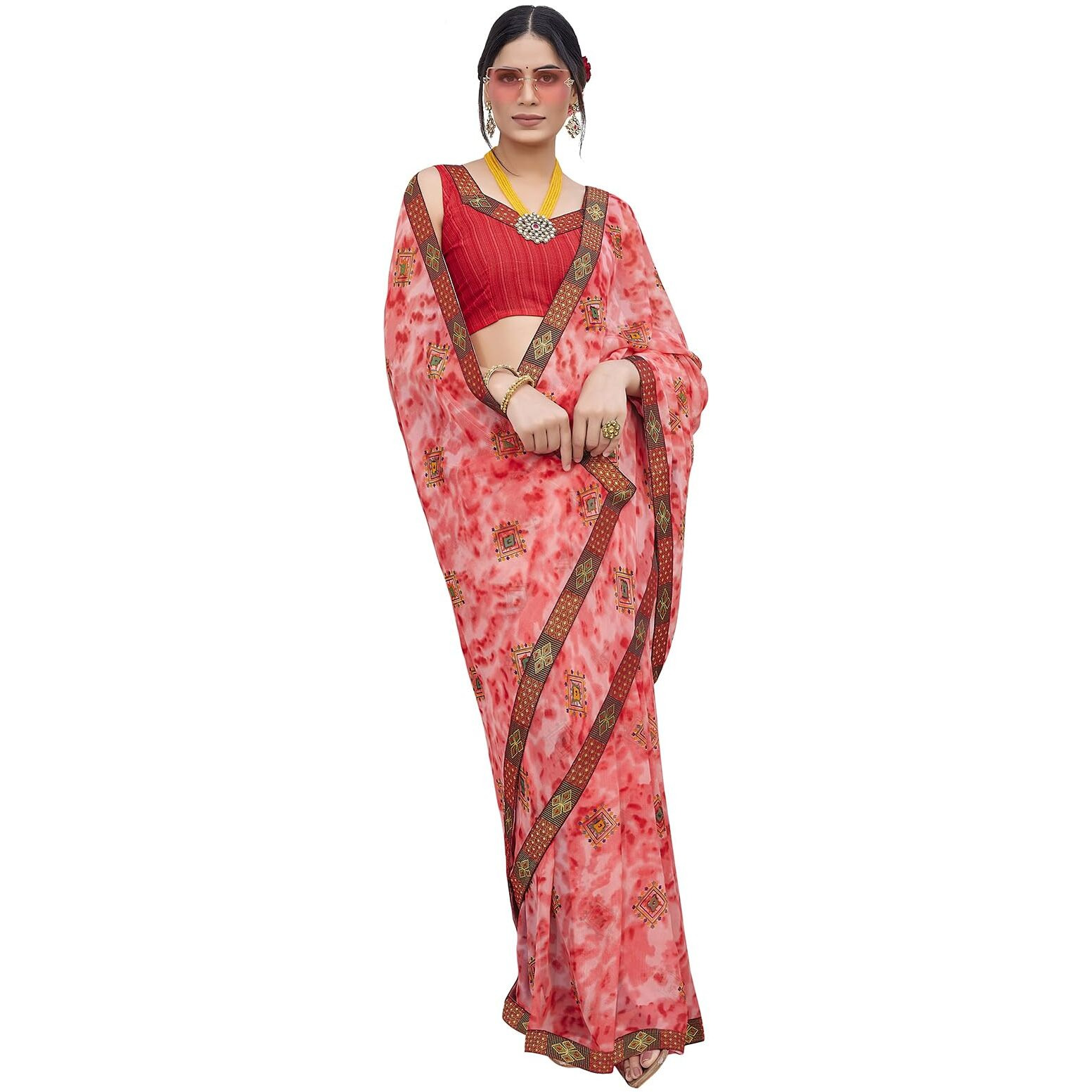 Yashika Womens Georgette Saree Printed Saree With Unstitched Blouse Material - Suitable For All Indian Occasions and Festivals (AZ-YS-OG-KAJUKATRI GAJRI)