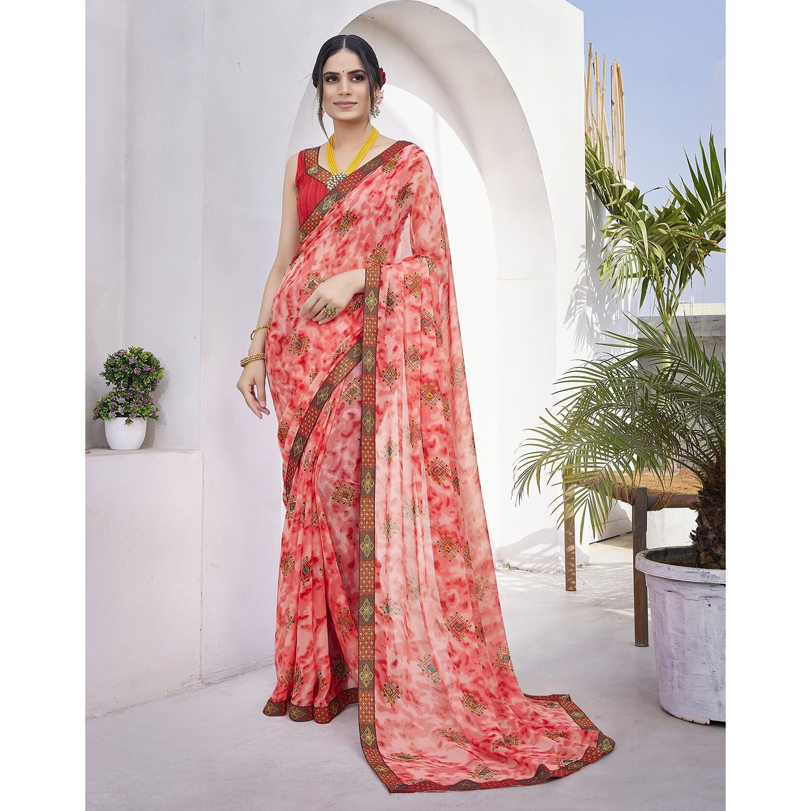 Yashika Womens Georgette Saree Printed Saree With Unstitched Blouse Material - Suitable For All Indian Occasions and Festivals (AZ-YS-OG-KAJUKATRI GAJRI)
