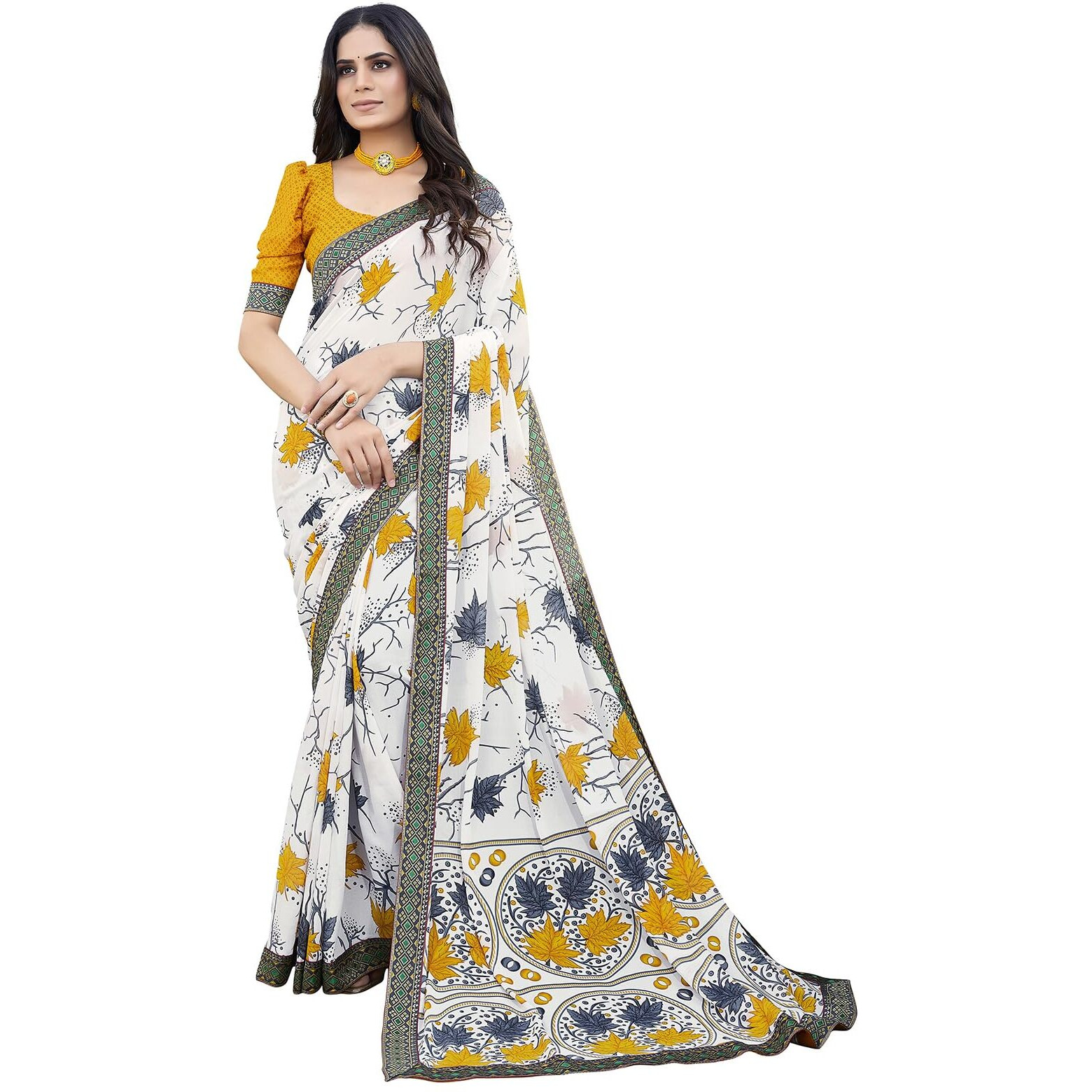 Yashika Womens Georgette Saree Printed Saree With Unstitched Blouse Material - Suitable For All Indian Occasions and Festivals (AZ-YS-OG-KANYA YELLOW)