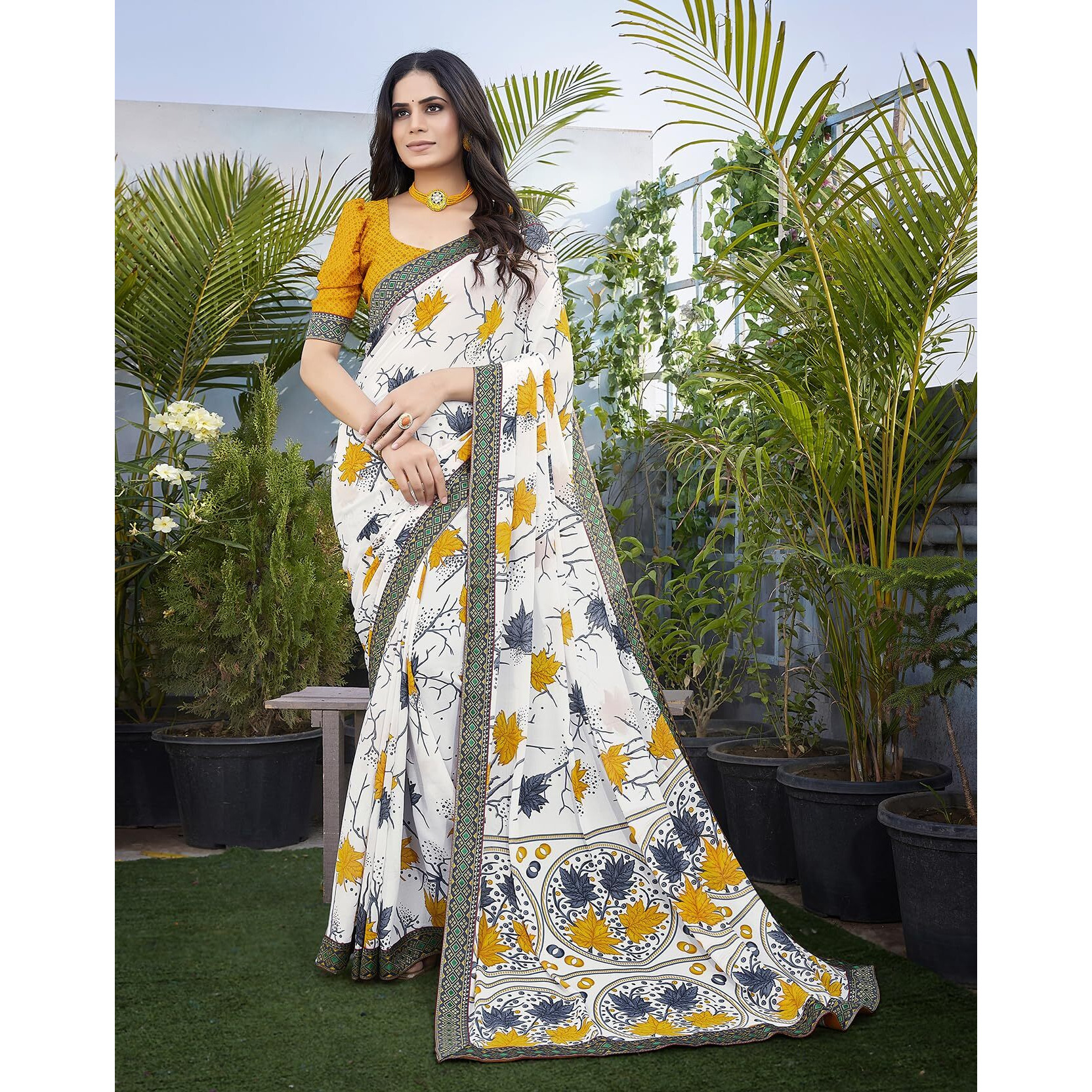 Yashika Womens Georgette Saree Printed Saree With Unstitched Blouse Material - Suitable For All Indian Occasions and Festivals (AZ-YS-OG-KANYA YELLOW)