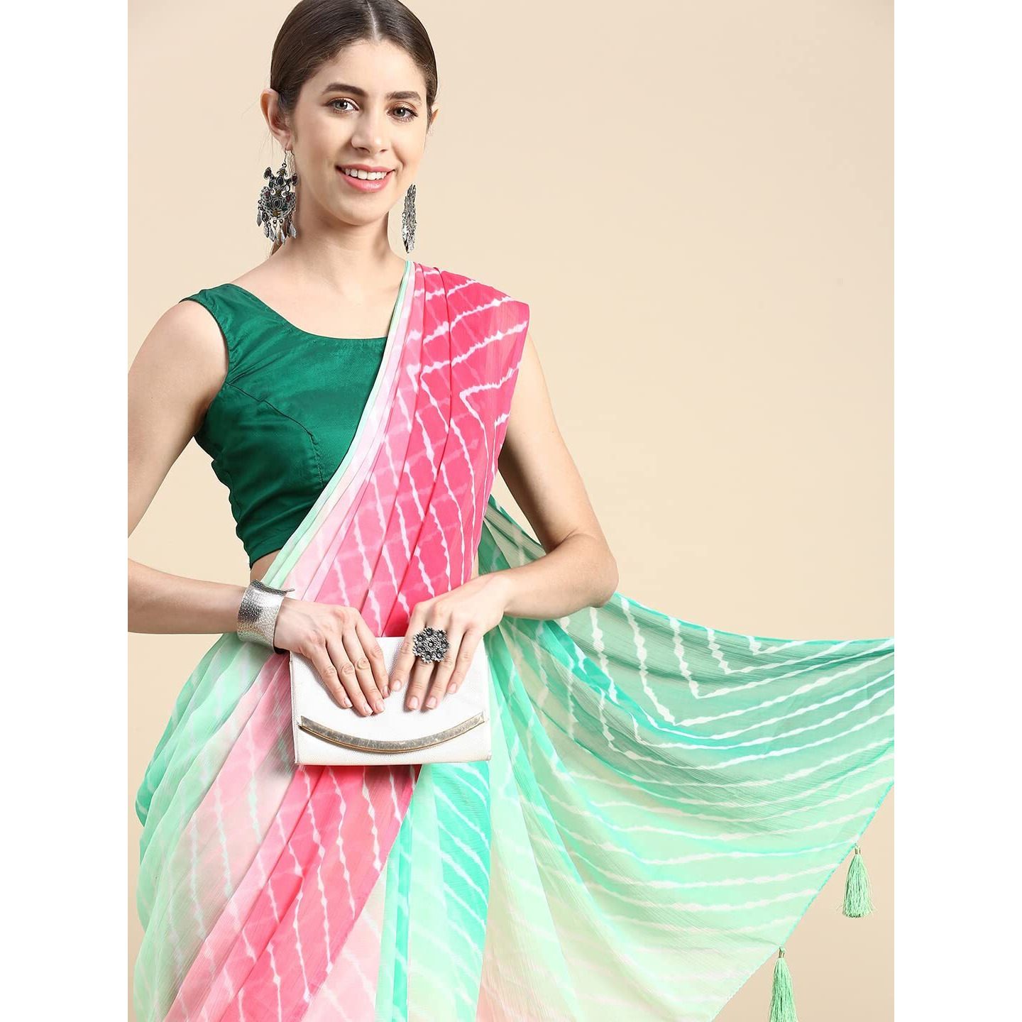 RANI SAAHIBA Womens Chiffon Lehriya Printed Saree Without Blouse (SSKR9118_Green-Pink)