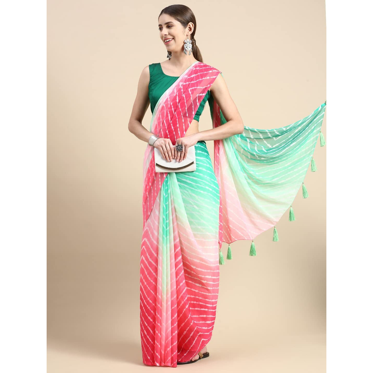 RANI SAAHIBA Womens Chiffon Lehriya Printed Saree Without Blouse (SSKR9118_Green-Pink)