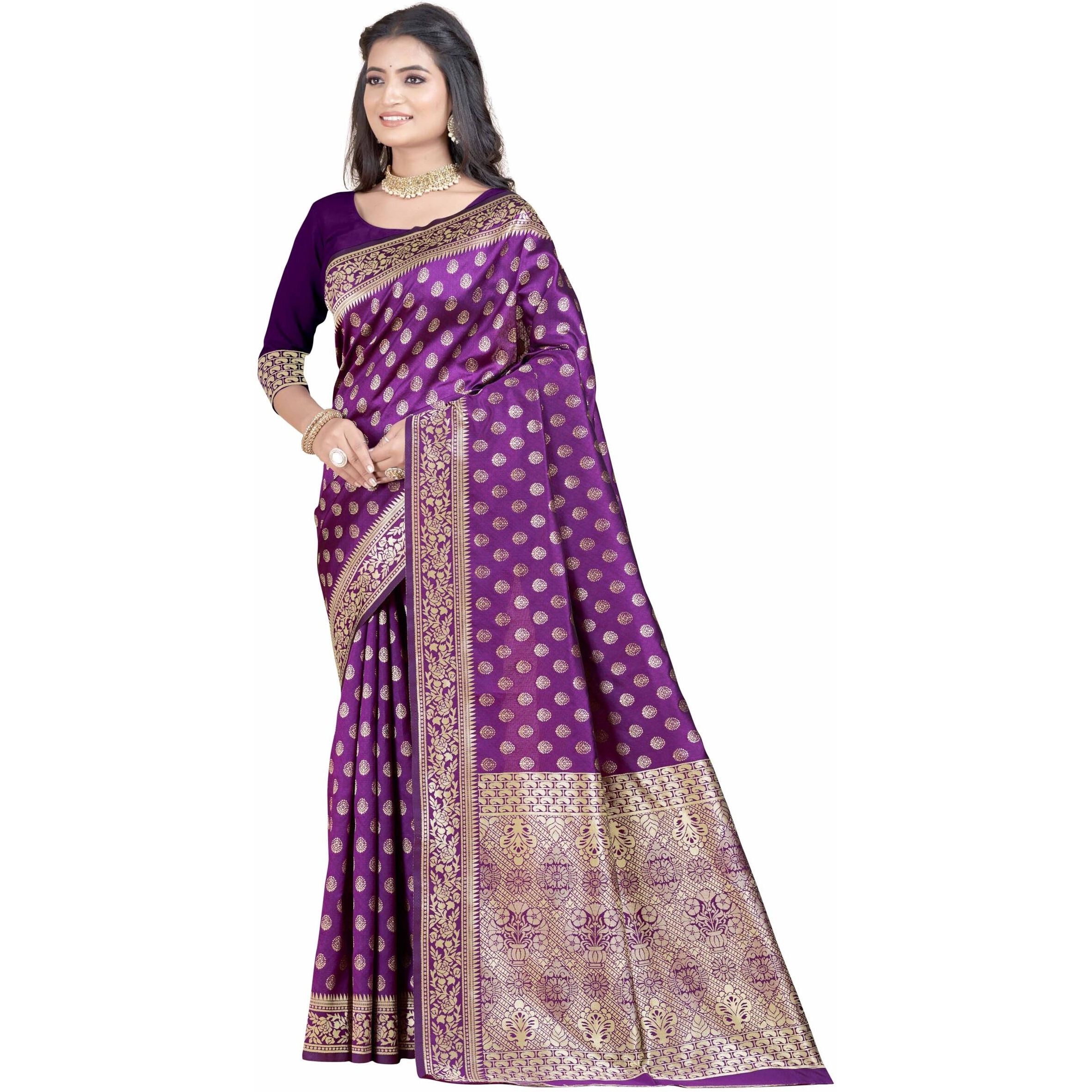 Sugathari Womens Banarasi Saree Pure Kanjivaram Silk Saree Soft new ladies 2023 Design Wear Pattu Sarees Latest Party Sari collections With Blouse Piece for Wedding sadi (SAN PARI-192 PURPLE)