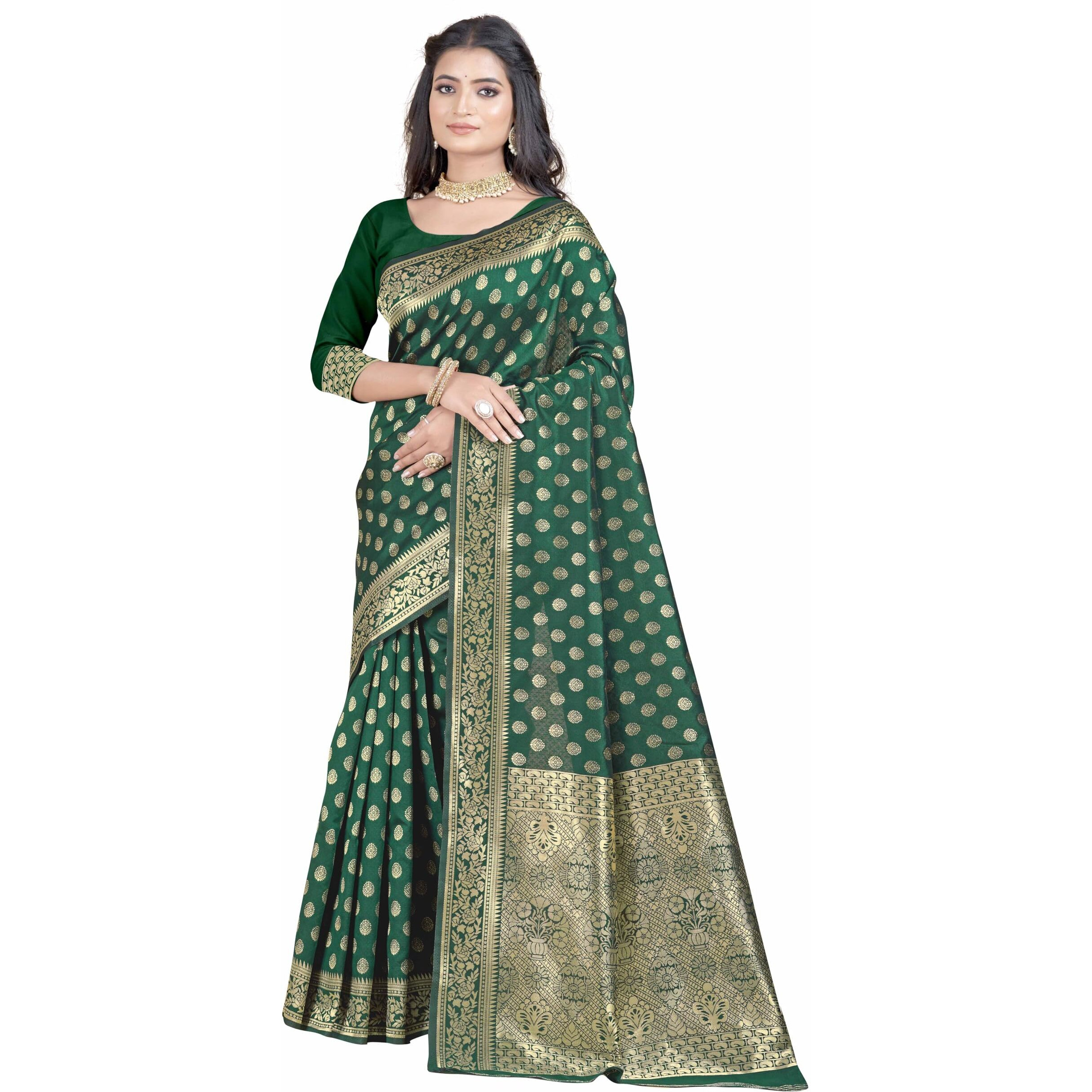 Sugathari Womens Banarasi Saree Pure Kanjivaram Silk Saree Soft new ladies 2023 Design Wear Pattu Sarees Latest Party Sari collections With Blouse Piece for Wedding sadi (SAN PARI-192 DARK GREEN)