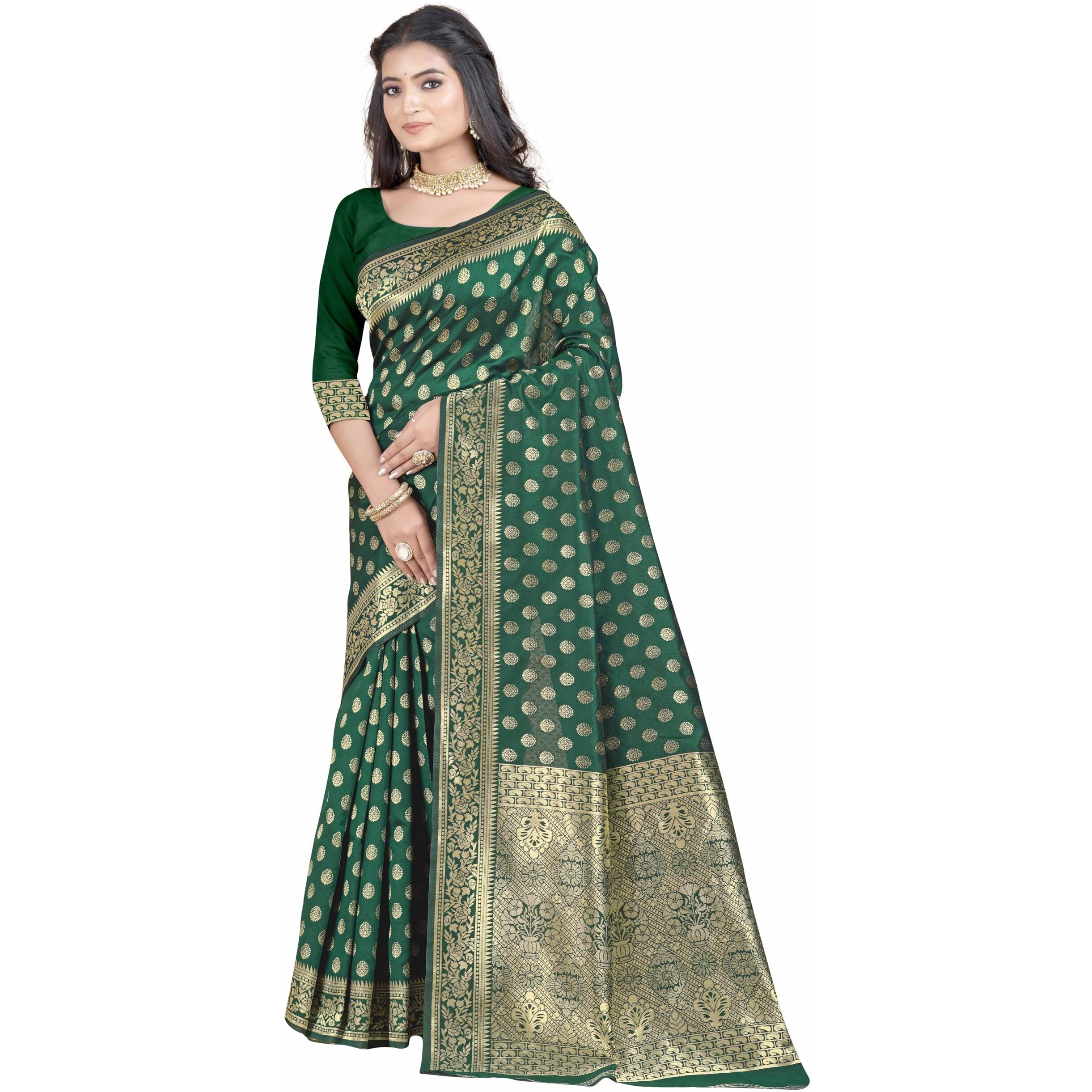 Sugathari Womens Banarasi Saree Pure Kanjivaram Silk Saree Soft new ladies 2023 Design Wear Pattu Sarees Latest Party Sari collections With Blouse Piece for Wedding sadi (SAN PARI-192 DARK GREEN)