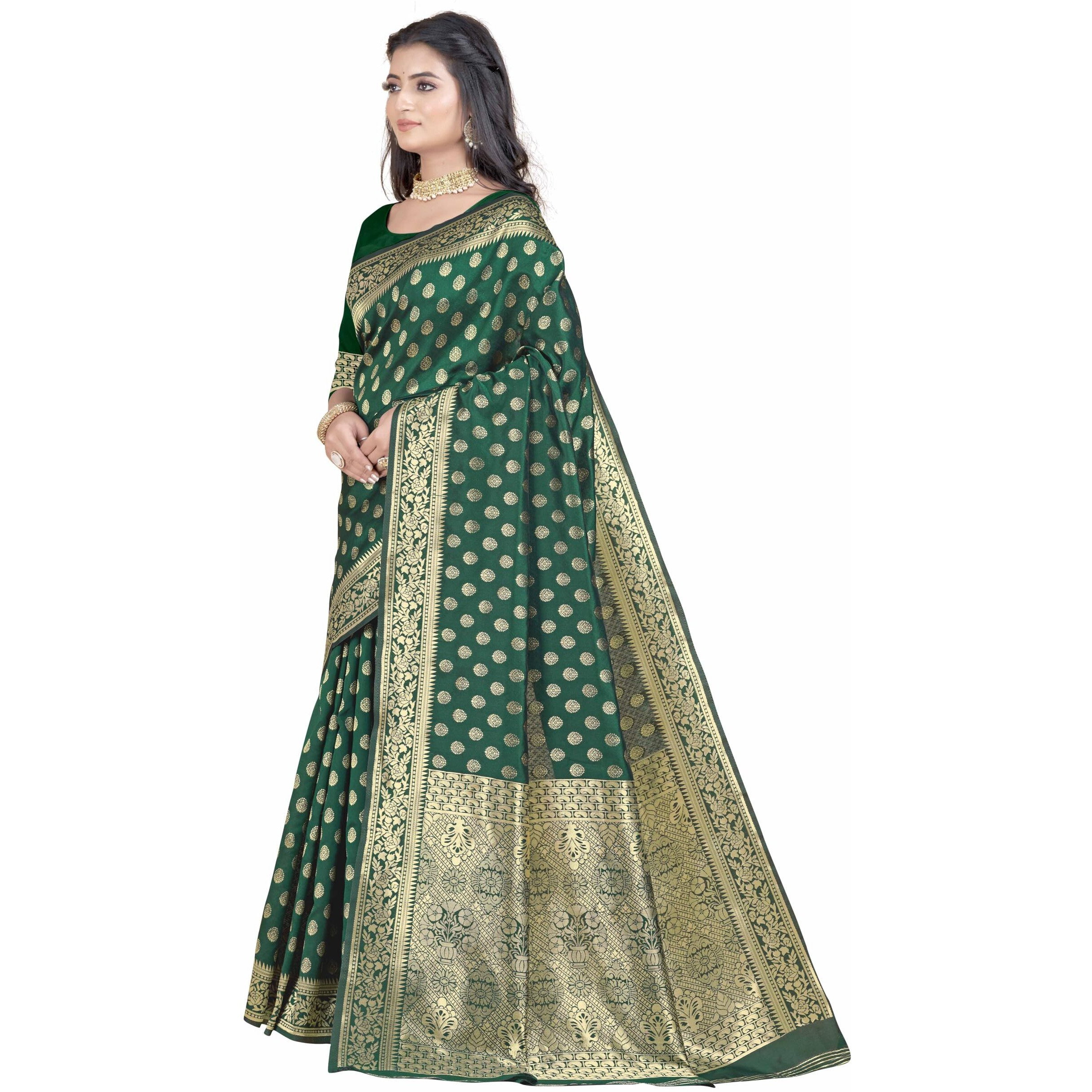 Sugathari Womens Banarasi Saree Pure Kanjivaram Silk Saree Soft new ladies 2023 Design Wear Pattu Sarees Latest Party Sari collections With Blouse Piece for Wedding sadi (SAN PARI-192 DARK GREEN)