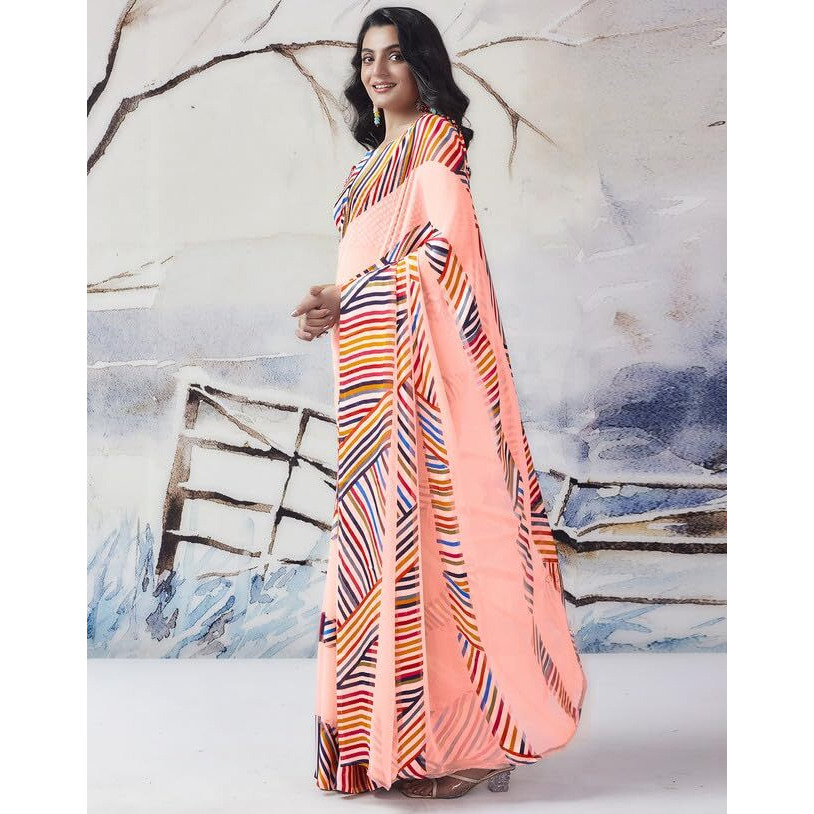 SIRIL Womens Georgette Geometric Printed Satin Patta Saree With Unstitched Blouse Piece (3634S113_Peach)