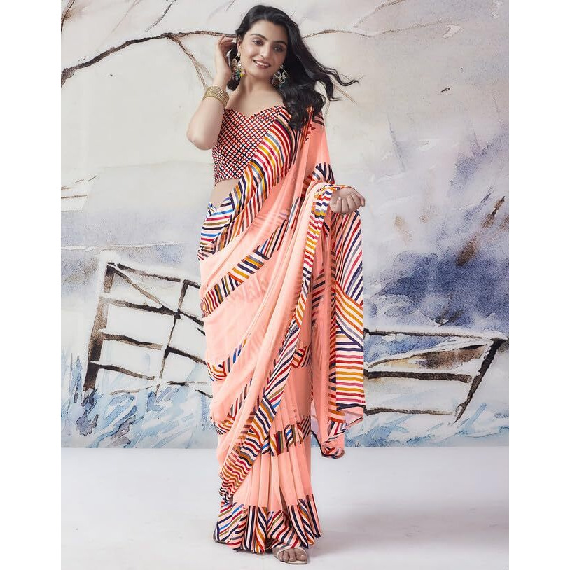 SIRIL Womens Georgette Geometric Printed Satin Patta Saree With Unstitched Blouse Piece (3634S113_Peach)