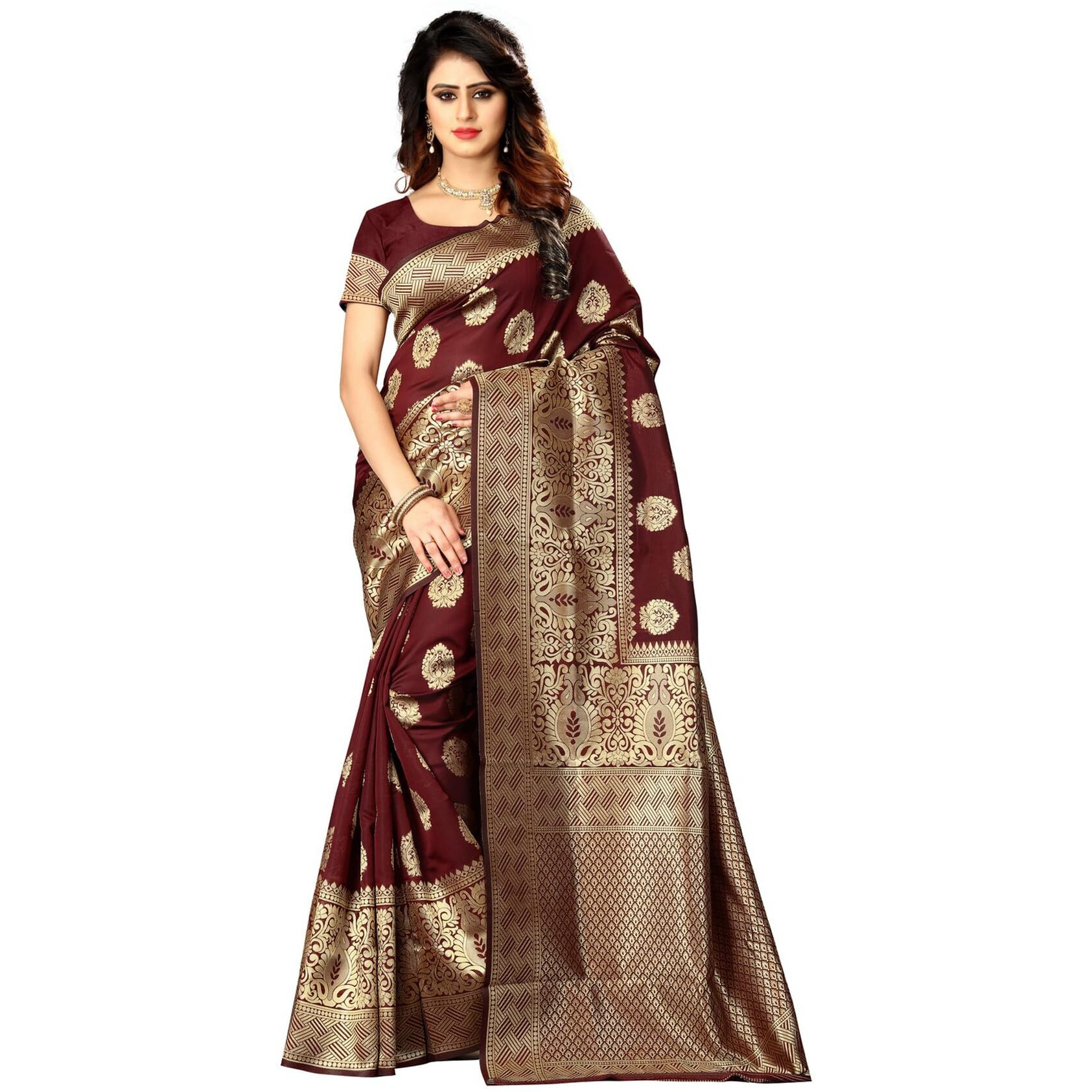 Sugathari Womens Banarasi Saree Pure Kanjivaram Silk Saree Soft new ladies 2023 Design Wear Pattu Sarees Latest Cotton Party Sari collections With Blouse Piece for Wedding sadi (SAM PARI-20-MAROON)