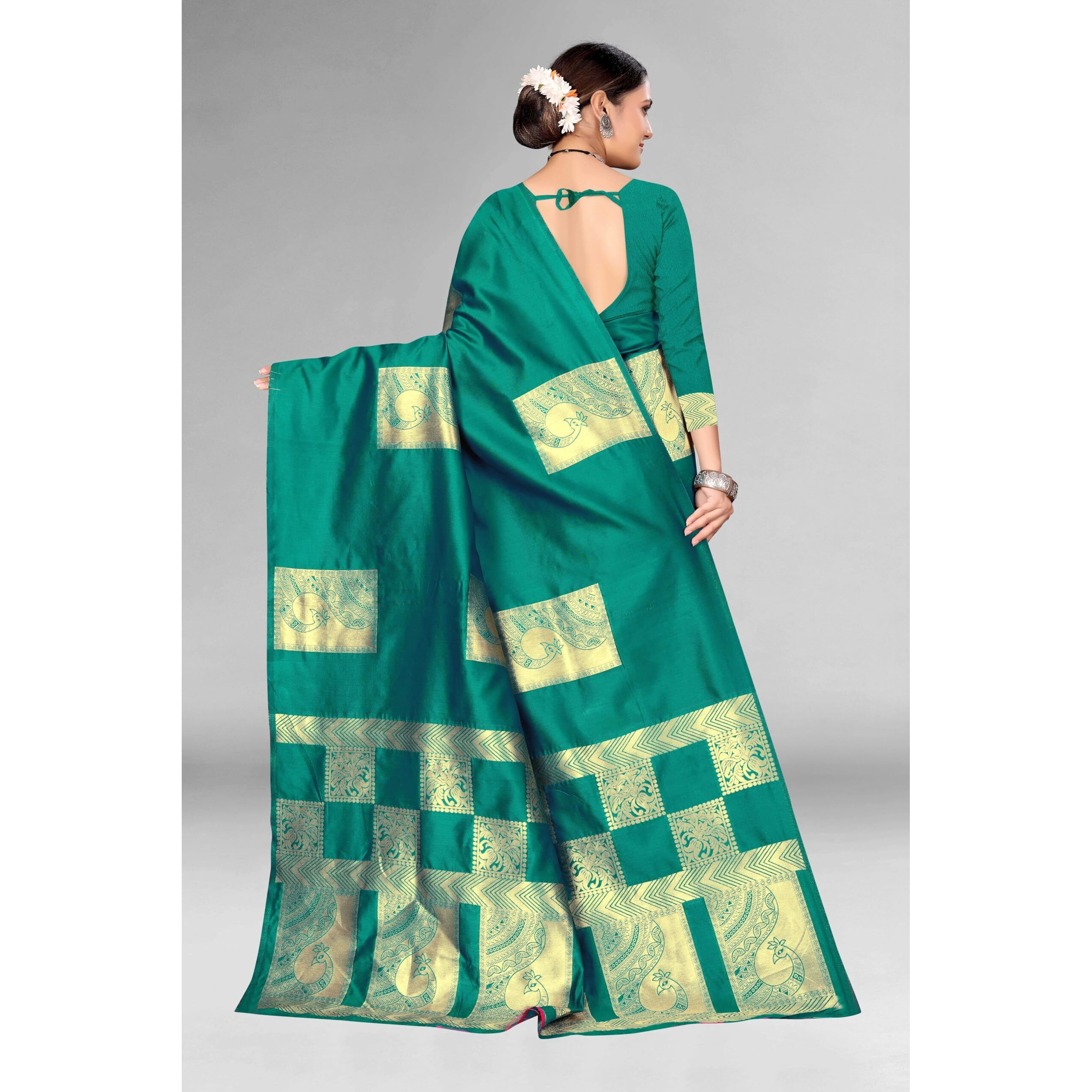 Leriya Fashion Womens Assam Kanchipuram Pure Banarasi Art Silk Saree with Unstitched Blouse Piece (Green)