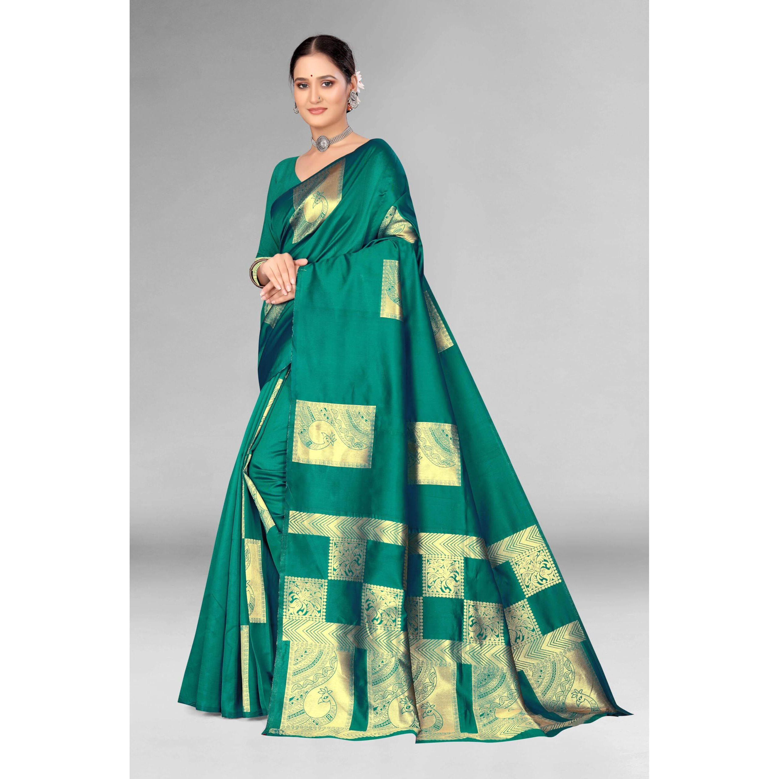 Leriya Fashion Womens Assam Kanchipuram Pure Banarasi Art Silk Saree with Unstitched Blouse Piece (Green)