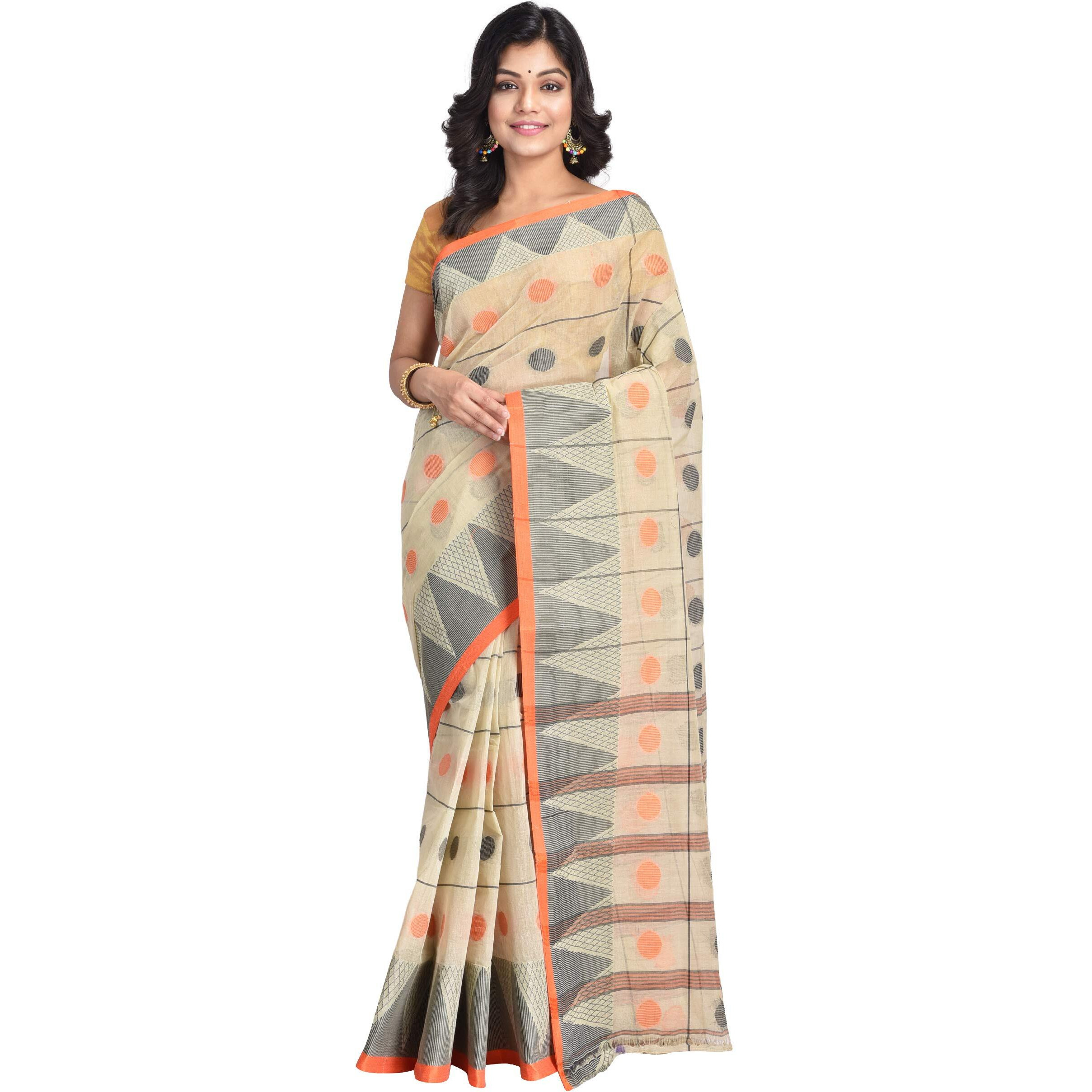 RAJ SAREE HOUSE Womens Pure Cotton Jamdani Saree Without Blouse Piece (Off White)