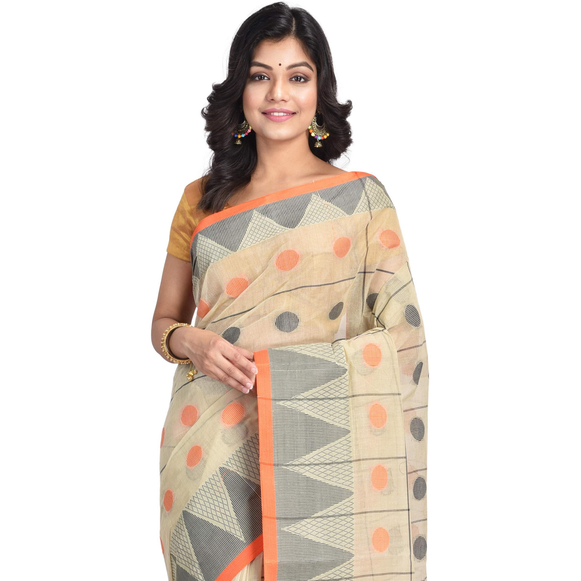 RAJ SAREE HOUSE Womens Pure Cotton Jamdani Saree Without Blouse Piece (Off White)