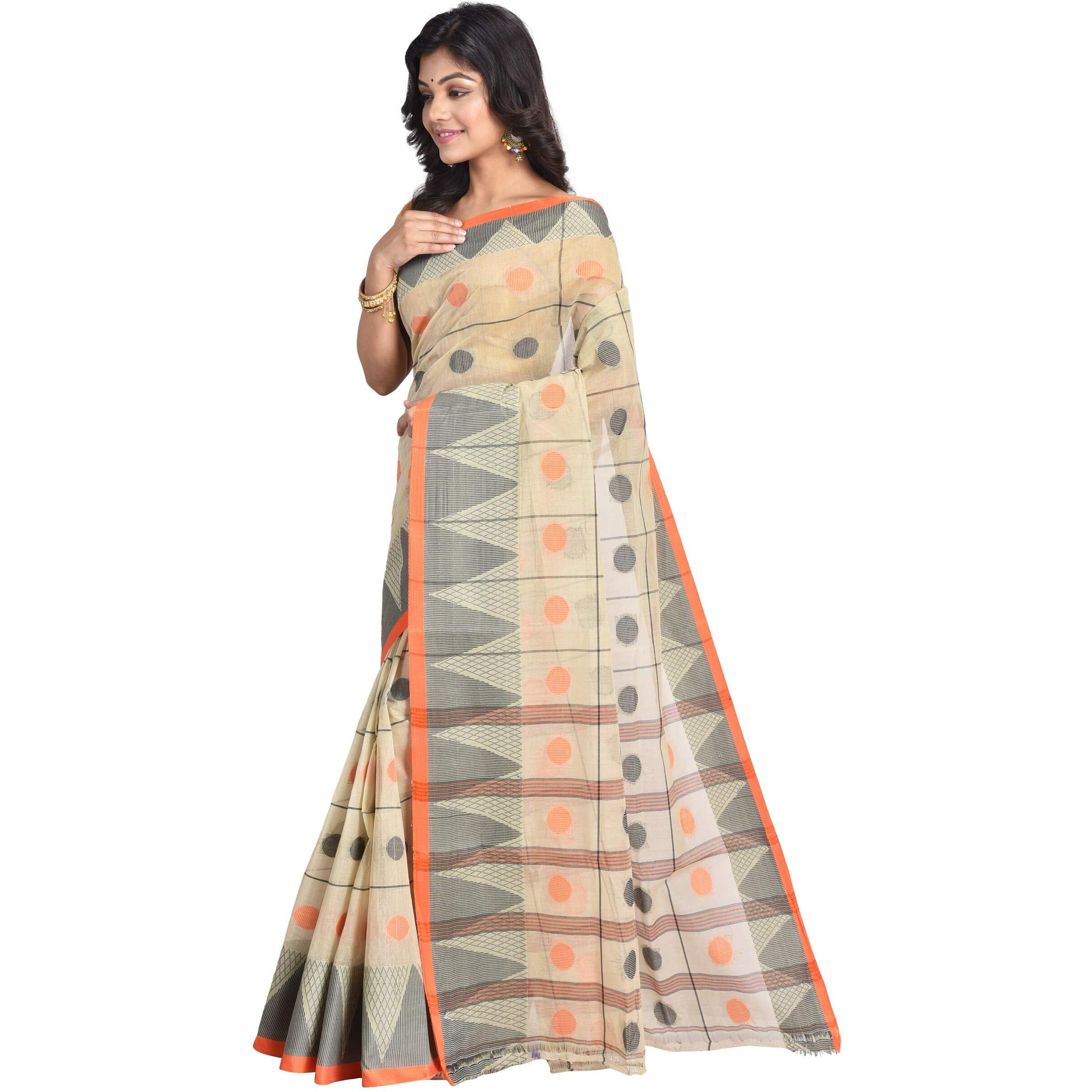 RAJ SAREE HOUSE Womens Pure Cotton Jamdani Saree Without Blouse Piece (Off White)
