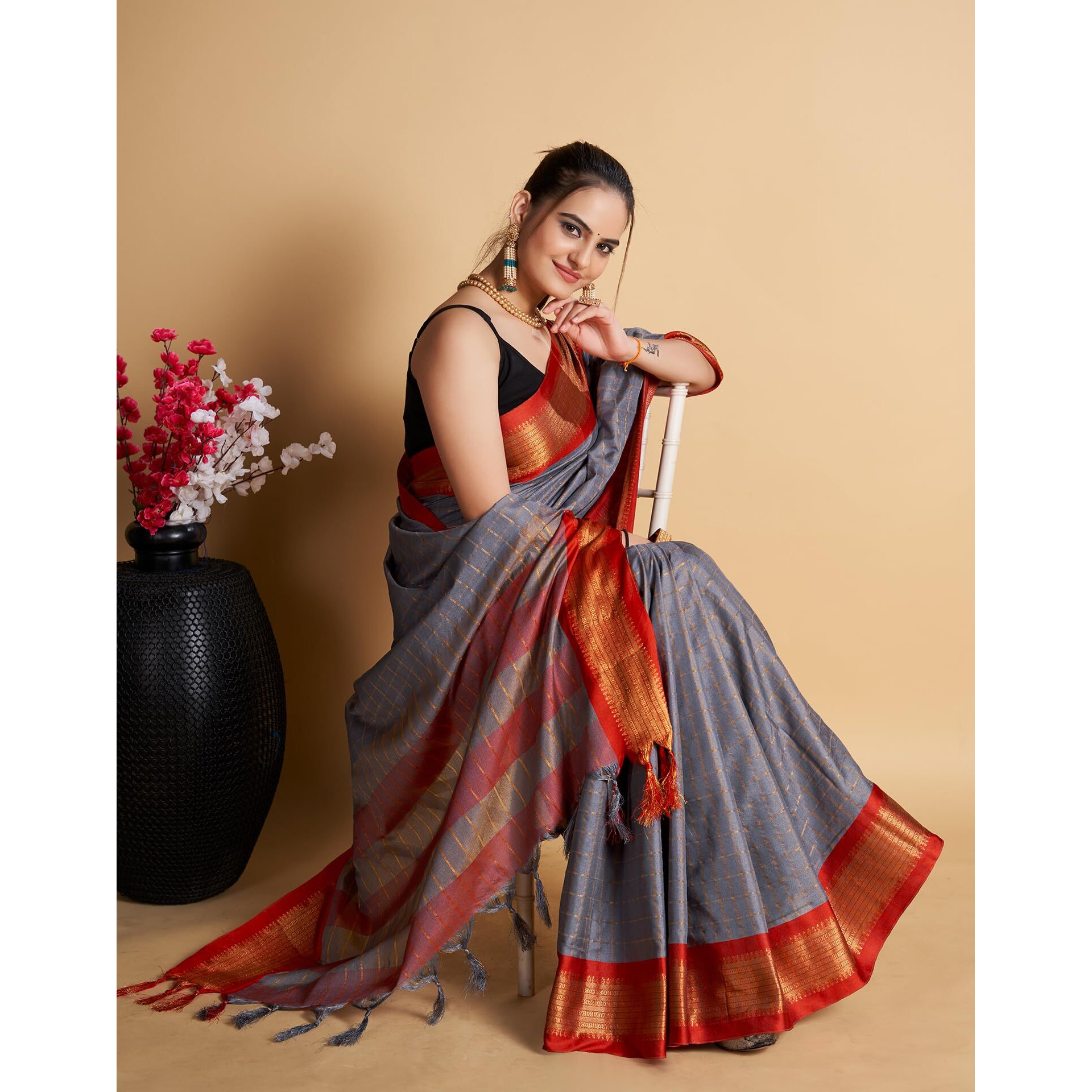 SIRIL Womens Cotton Silk Jacquard Saree With Unstitched Blouse Piece (3388S105_Grey)