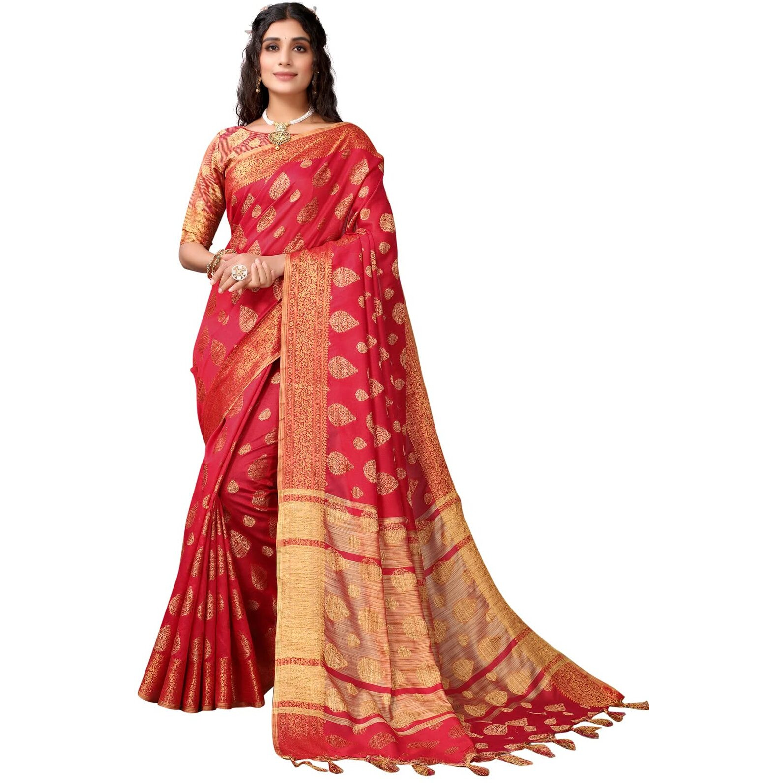 SIRIL Womens Tassel & Jacquard Cotton Silk Saree with Unstitched Blouse Piece(2497S3015_Red2)