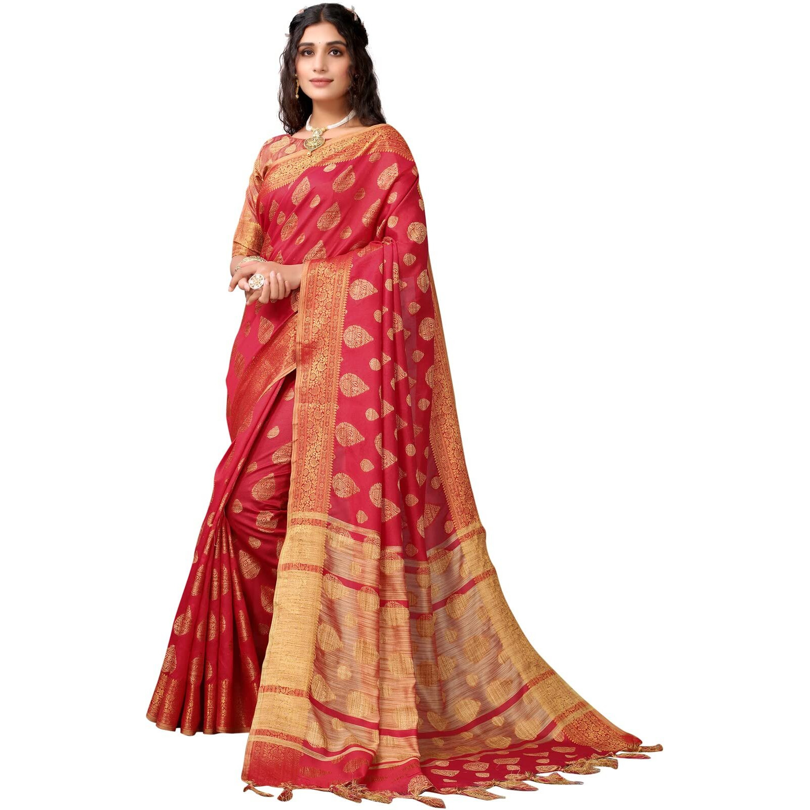 SIRIL Womens Tassel & Jacquard Cotton Silk Saree with Unstitched Blouse Piece(2497S3015_Red2)