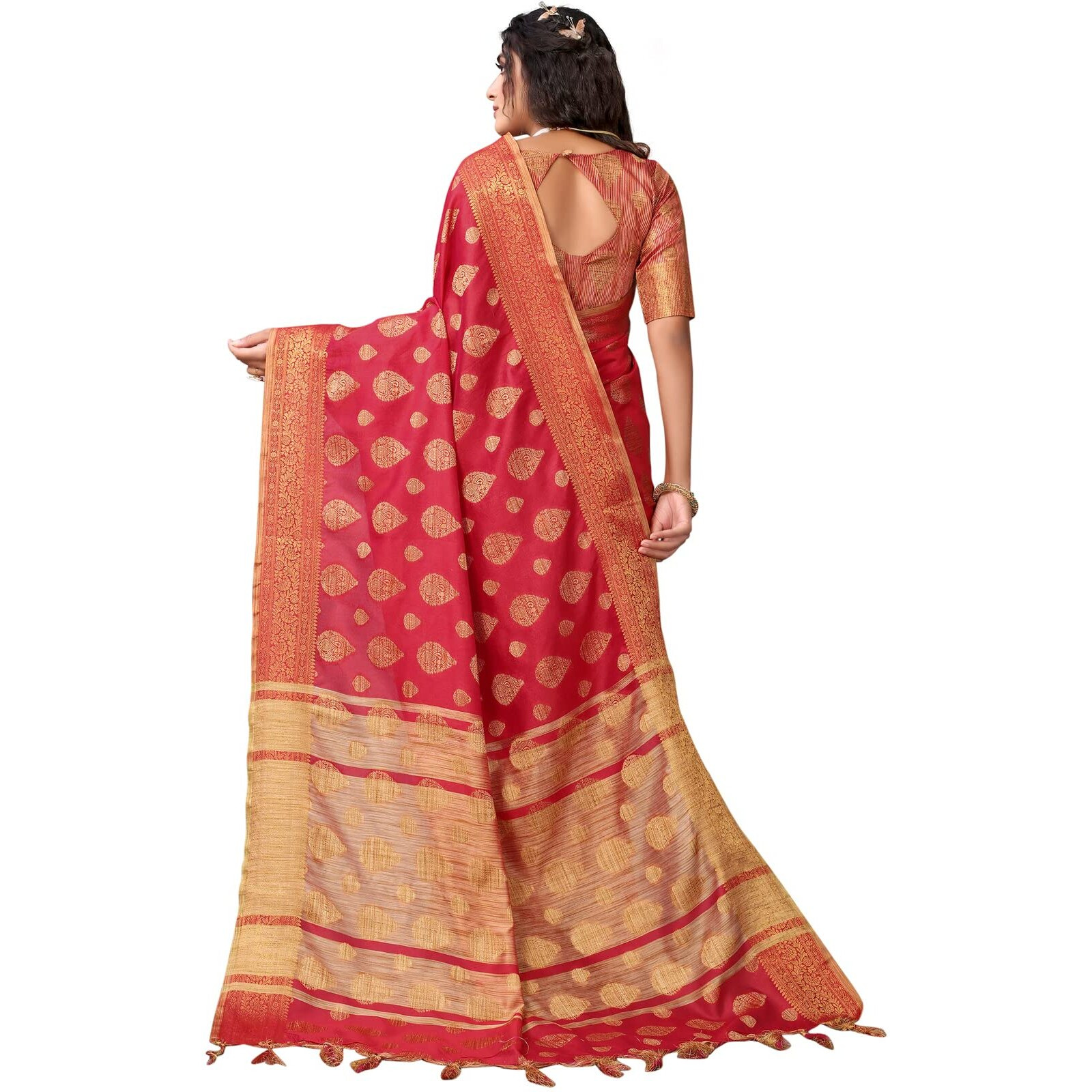 SIRIL Womens Tassel & Jacquard Cotton Silk Saree with Unstitched Blouse Piece(2497S3015_Red2)