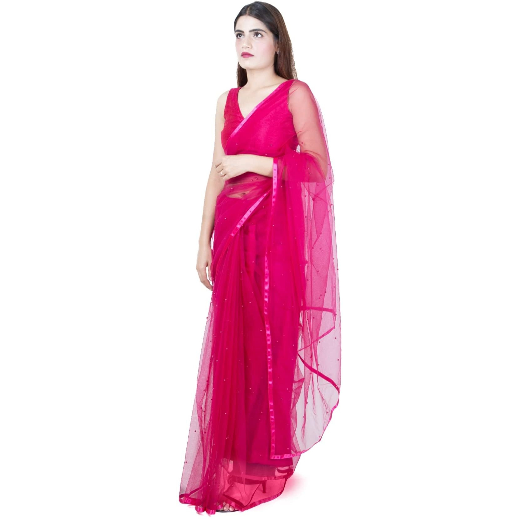 Wardrobe Luxury Womens Net Embroidered Design Saree (Pink)