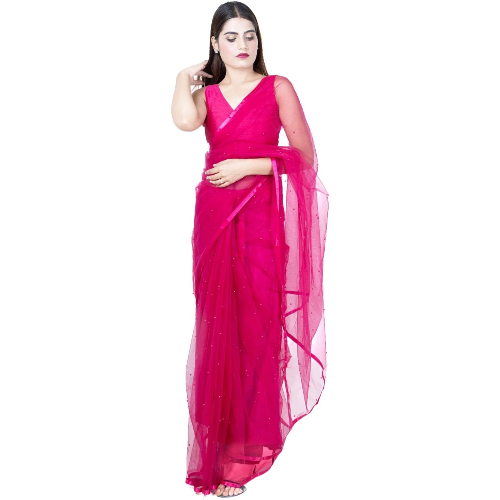 Wardrobe Luxury Womens Net Embroidered Design Saree (Pink)