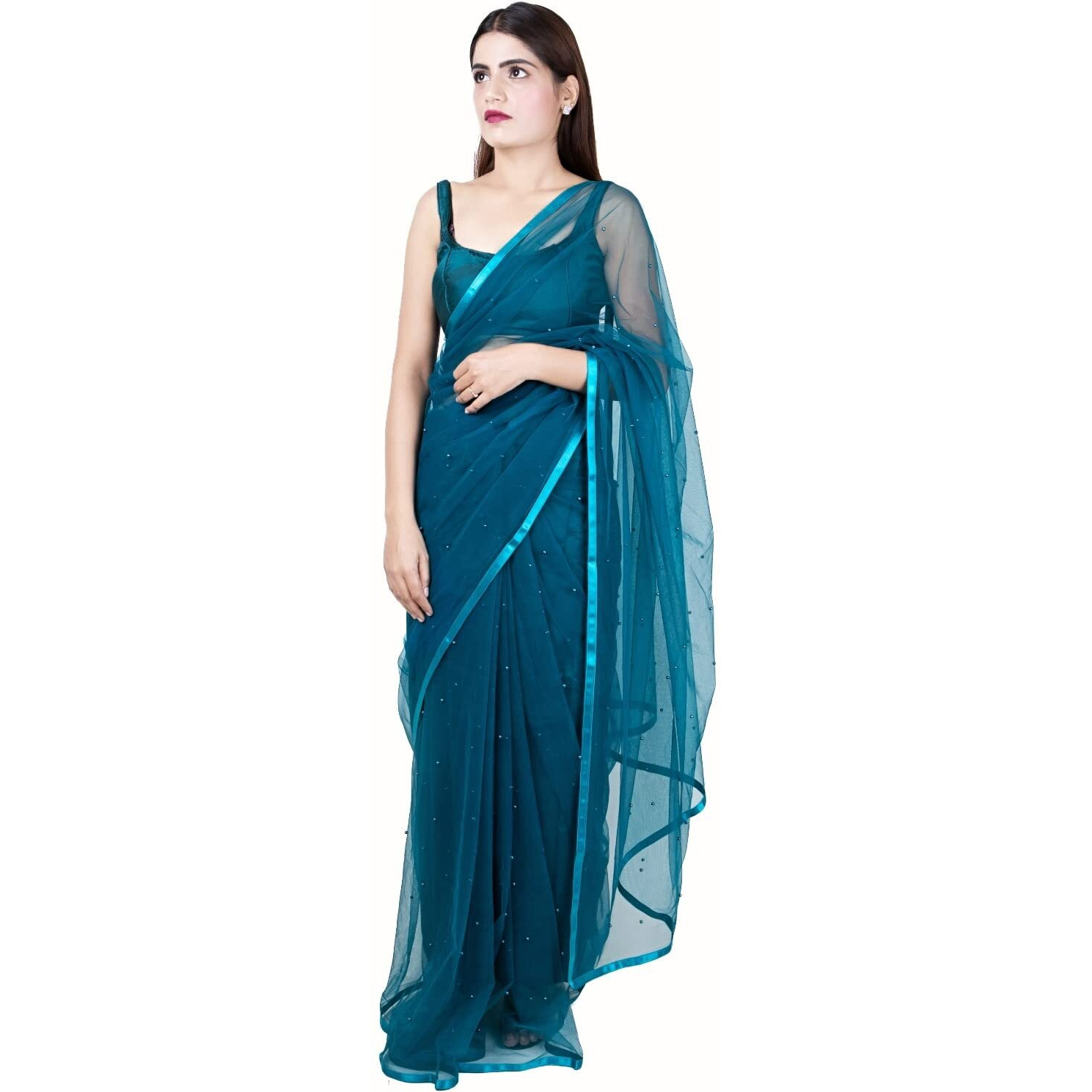 Wardrobe Luxury Womens Net Embroidered Design Saree (Green)