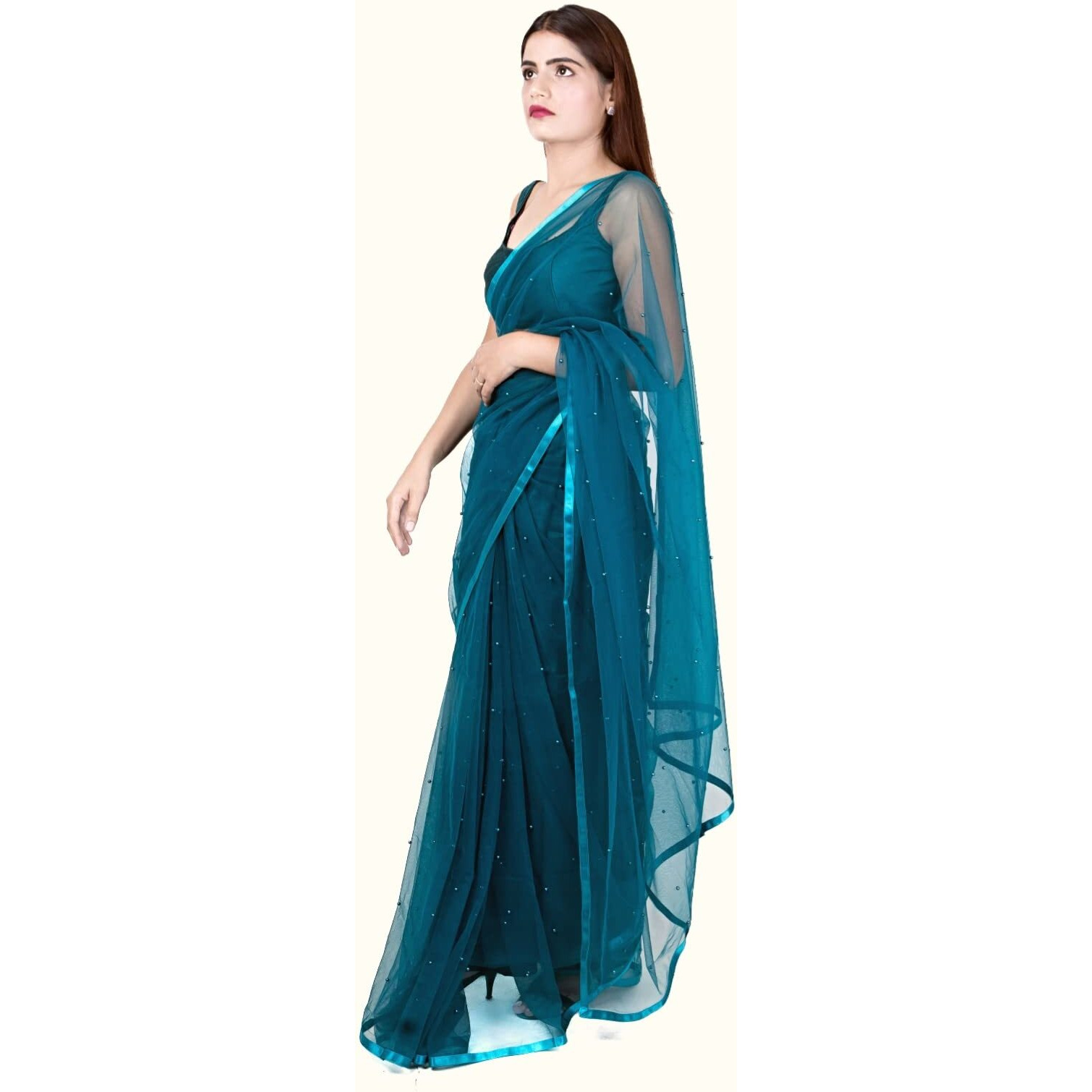 Wardrobe Luxury Womens Net Embroidered Design Saree (Green)