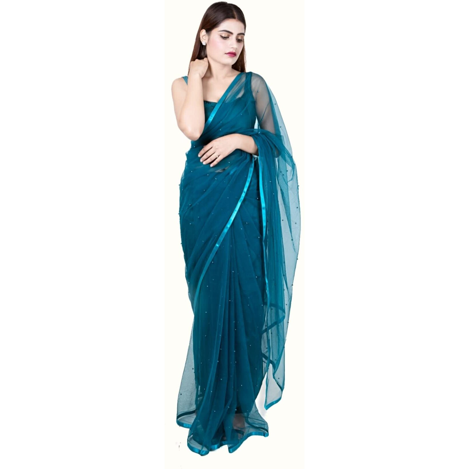 Wardrobe Luxury Womens Net Embroidered Design Saree (Green)