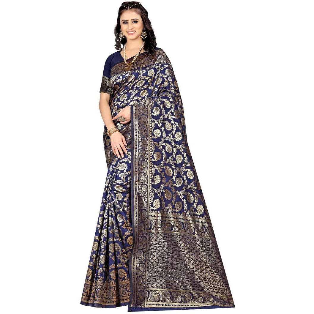 Sugathari Womens Banarasi Saree Pure Kanjivaram Silk Saree Soft new ladies 2023 Design Wear Pattu Sarees Latest Party Sari collections With Blouse Piece for Wedding sadi (SAM PARI-164 NAVY BLUE)
