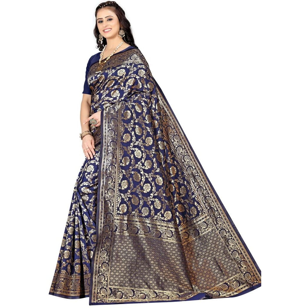 Sugathari Womens Banarasi Saree Pure Kanjivaram Silk Saree Soft new ladies 2023 Design Wear Pattu Sarees Latest Party Sari collections With Blouse Piece for Wedding sadi (SAM PARI-164 NAVY BLUE)
