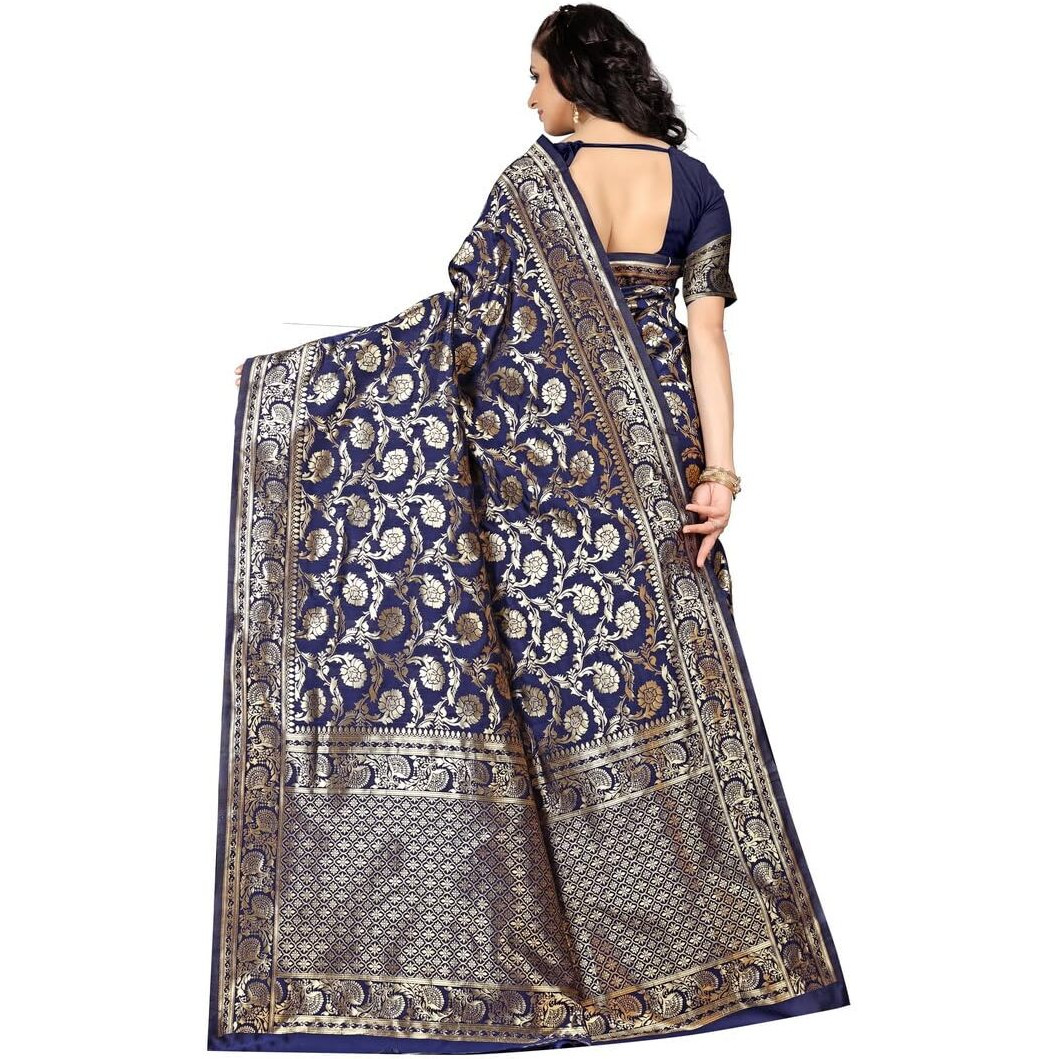Sugathari Womens Banarasi Saree Pure Kanjivaram Silk Saree Soft new ladies 2023 Design Wear Pattu Sarees Latest Party Sari collections With Blouse Piece for Wedding sadi (SAM PARI-164 NAVY BLUE)