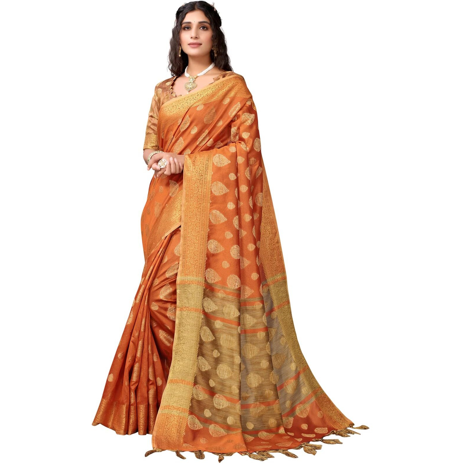SIRIL Womens Tassel & Jacquard Cotton Silk Saree with Unstitched Blouse Piece(2497S3014_Orange2)