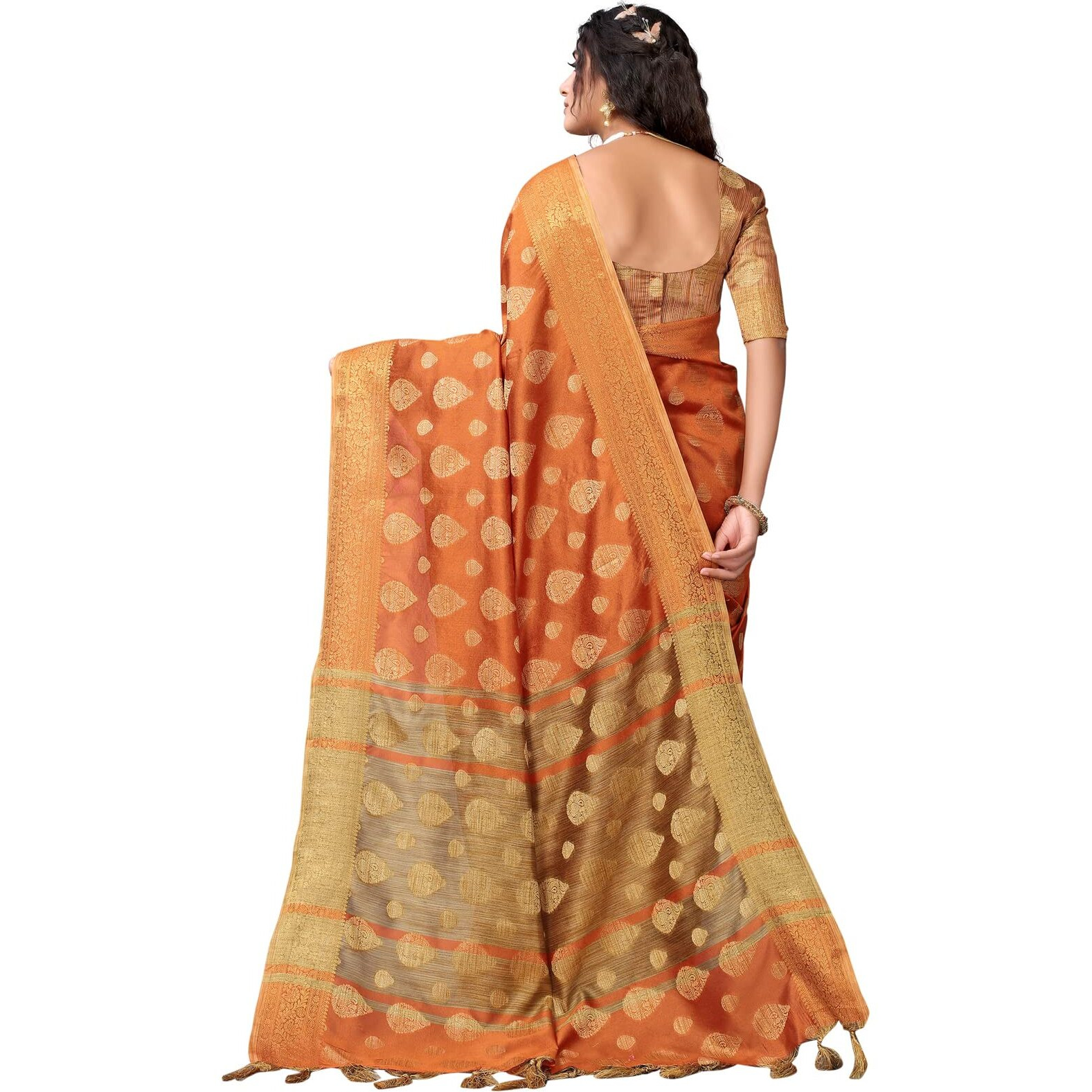 SIRIL Womens Tassel & Jacquard Cotton Silk Saree with Unstitched Blouse Piece(2497S3014_Orange2)