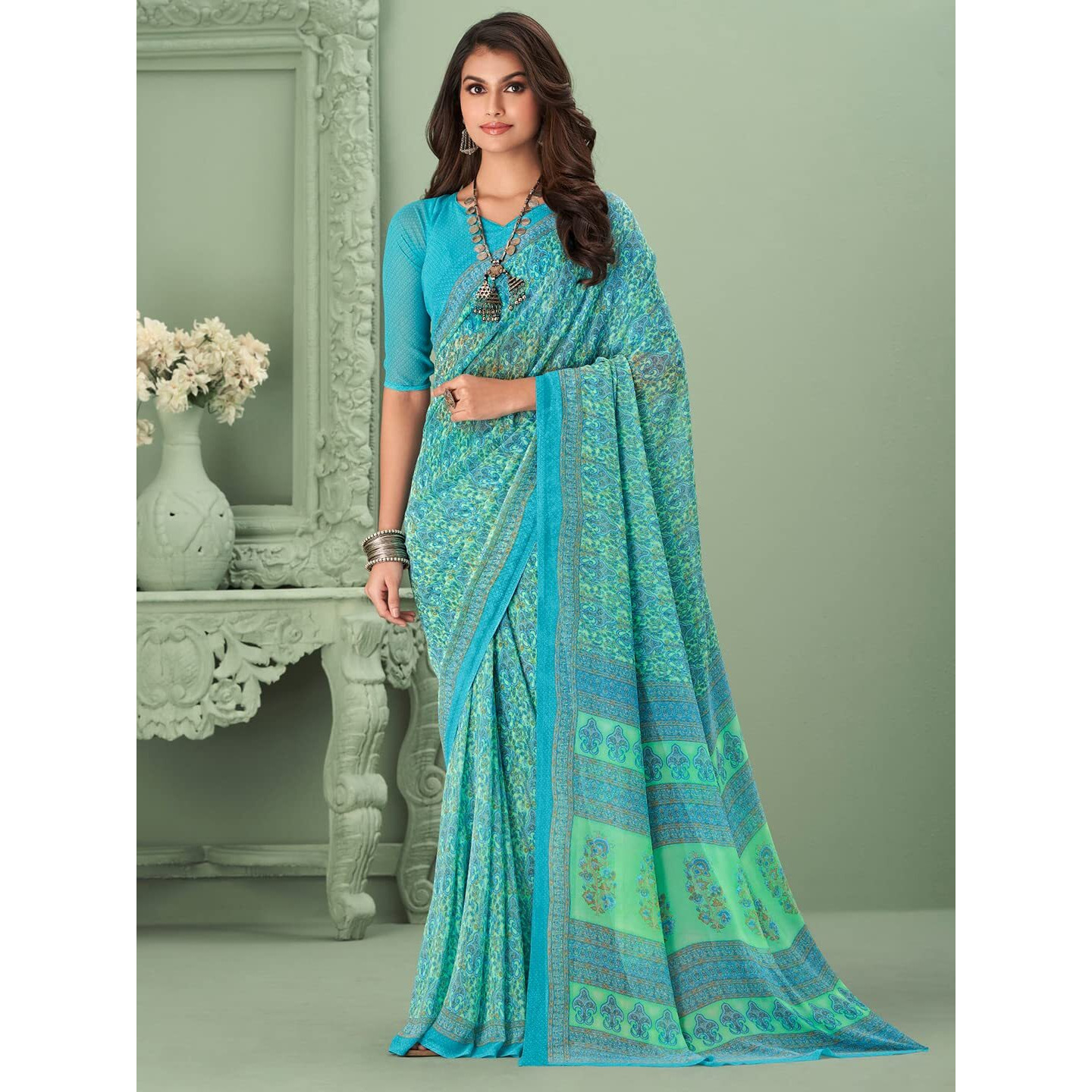 Jaanvi fashion Womens Traditional Printed Georgette Saree With Blouse Piece (raga-georgette-16501-b)