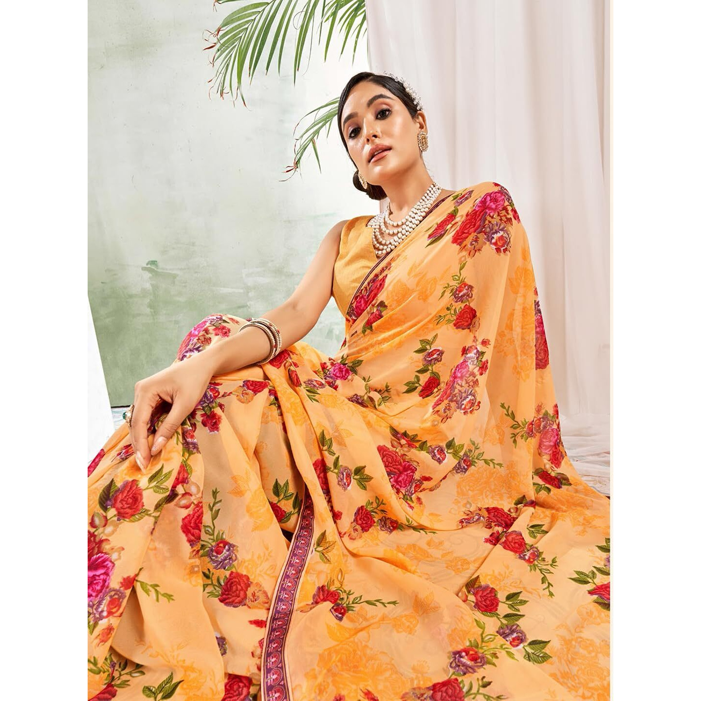 Jaanvi fashion Womens Floral Printed Georgette Saree With Printed Lace Border & Blouse Piece (savera-georgette-1294)