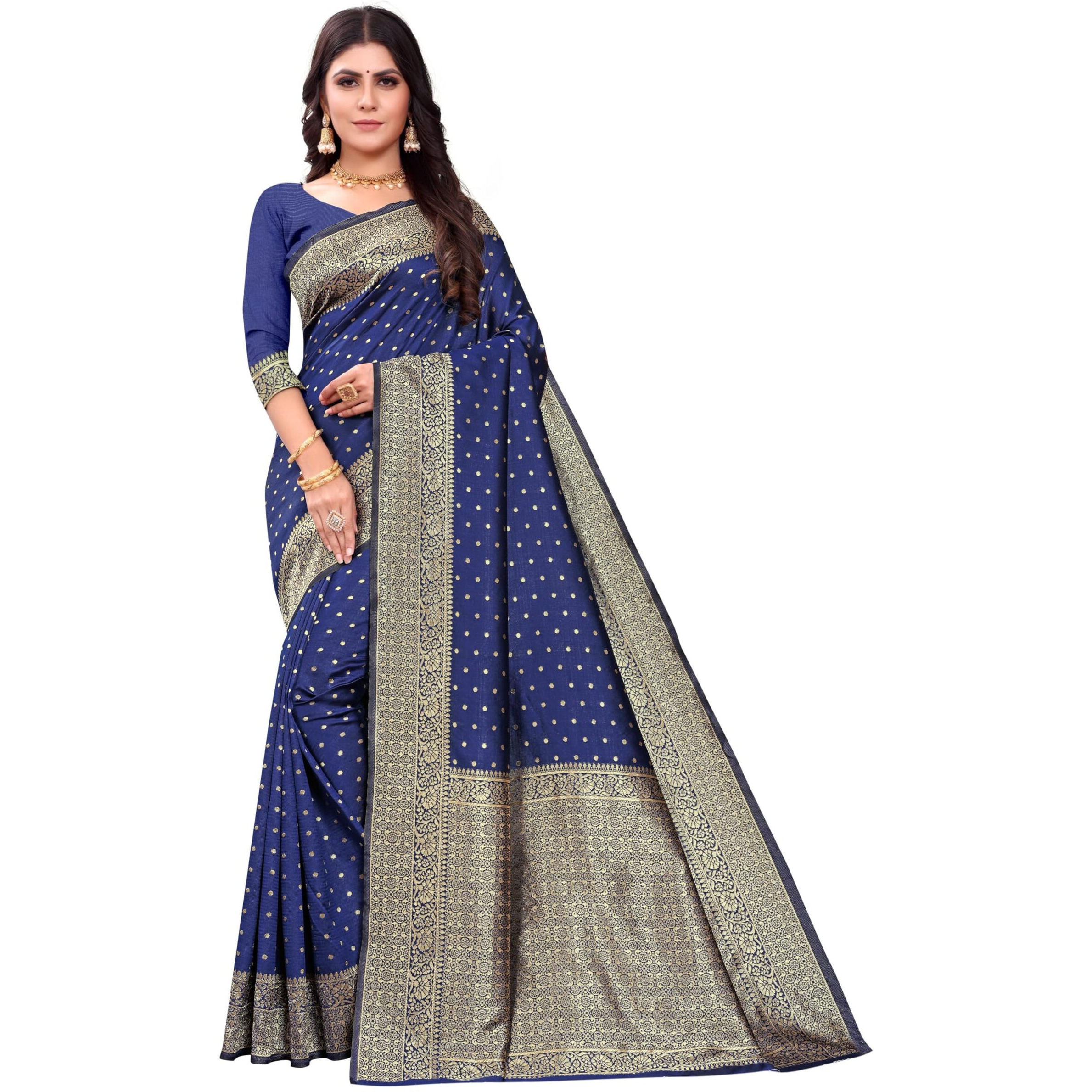 Sugathari Womens Banarasi Saree Pure Kanjivaram Silk Saree Soft new ladies 2023 Design Wear Sarees Latest Cotton Party Sari collections With Blouse Piece for Wedding sadi (SAM PARI-113 NAVY BLUE)